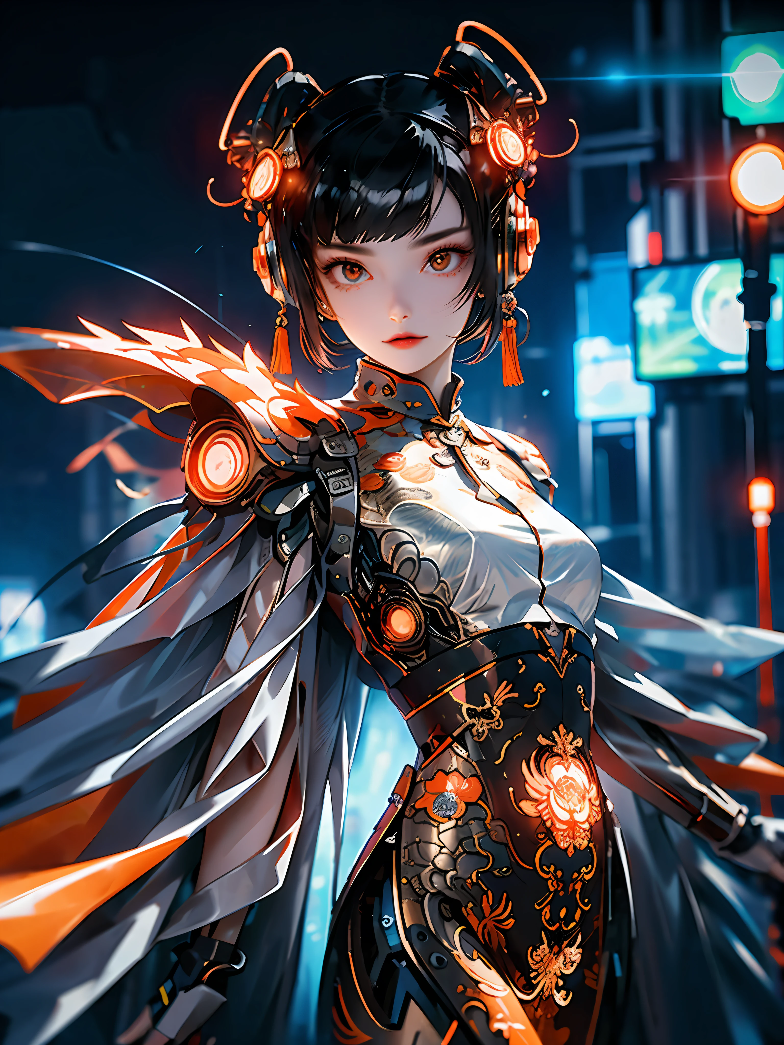 1 girl, Chinese_clothes, metallic black titanium and orange, cyberhan, cheongsam, cyberpunk city, dynamic pose, detailed luminous headphones, glowing hair accessories, long hair, luminous earrings, glowing necklace, cyberpunk, high-tech city, full of mechanical and futuristic elements, futurism, technology, glowing neon, orange, orange light, fluorescent orange, skirt, cape, coat, laser, digital background, urban sky, big moon, with vehicle, best quality, masterpiece, 8K, Character edge light, super high detail, high quality, the most beautiful woman in human beings, slight smile, face facing front and left and right symmetry, ear decoration, beautiful pupils, light effects, visual data, pick and dye orange, dye hair, super detail facial texture, happy and proud, weapon system, mecha style, crowded street passers-by, mechanical wings, super light and shadow