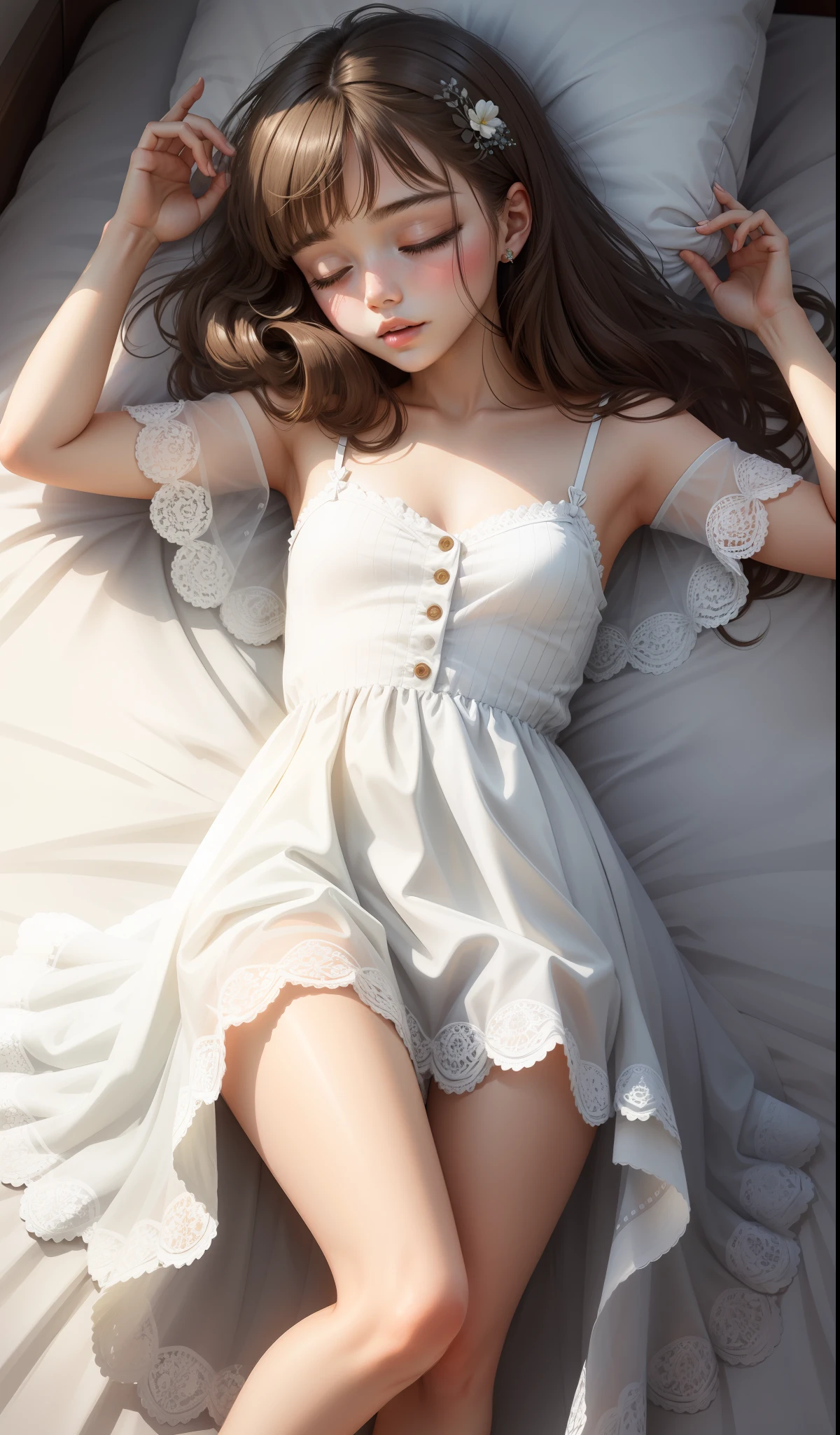 Sleeping girl, 19 years old, realistic, she is wearing small dress, she is wearing transparent dress, [nfsw,],brown hair.