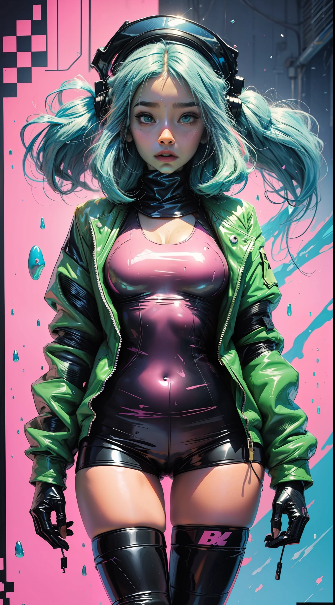 1bubblegum girl com slime melt techwear clothes,slime melt abstract forms background