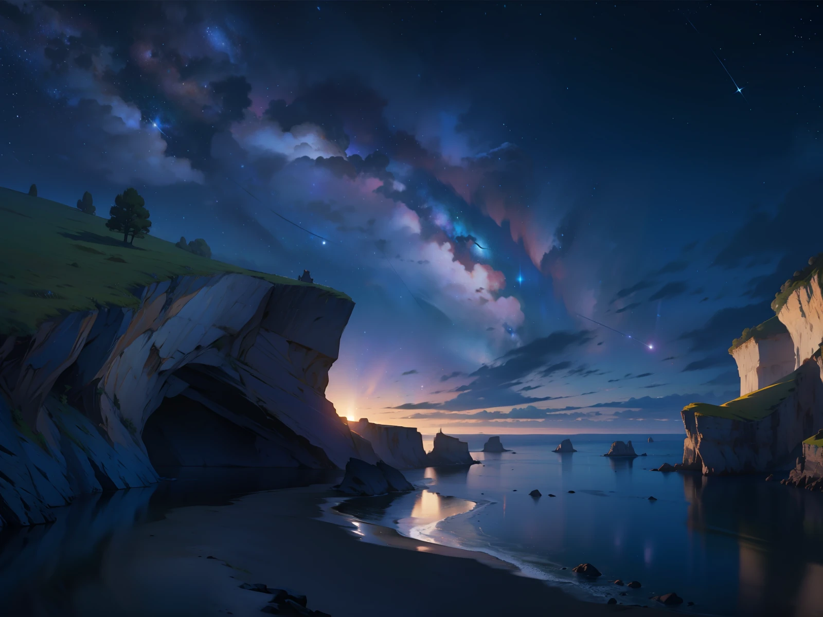 Cliffs, starry sky,