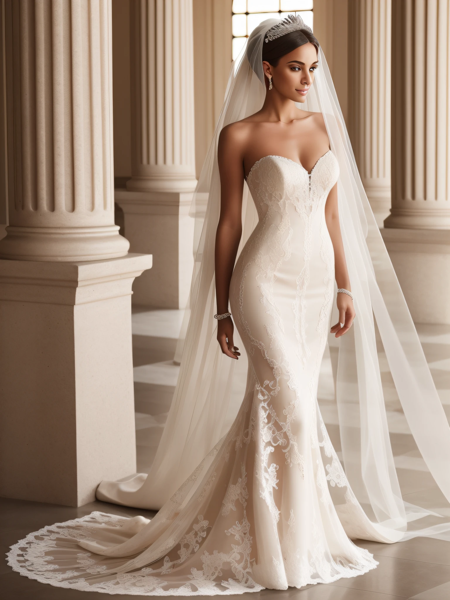 full body, full shot, in detail and in detail an extremely beautiful slender sexy bride in a cream wedding dress with intricate lace patterns and a beautiful long veil with intricate patterns stands in partial shade among the columns of a beautiful building. on the face and body, the bride holds the wedding dress with her hands, the pose is beautiful sexy C-shaped stilettos of cream color with intricate patterns, the bride's face is European, perfectly beautiful proportions are neat facial features, the eyes are bright green-blue eyelashes are long and fluffy, the bride's physique is slender and graceful, her legs are graceful and longer than the body in proportion, graceful hands in precious jewelry, on the head of the bride there is a wedding tiara with beautiful diamonds, natural detailed skin, pore skin, skin natural shine, skin color is perfect, cheeks are slightly ruddy, wavy long blond hair to the knees is beautifully flowing in detail and in detail , lighting side daylight soft, hyper detail, sharp focus, photorealism, naturalistic, Jerry Gionis style