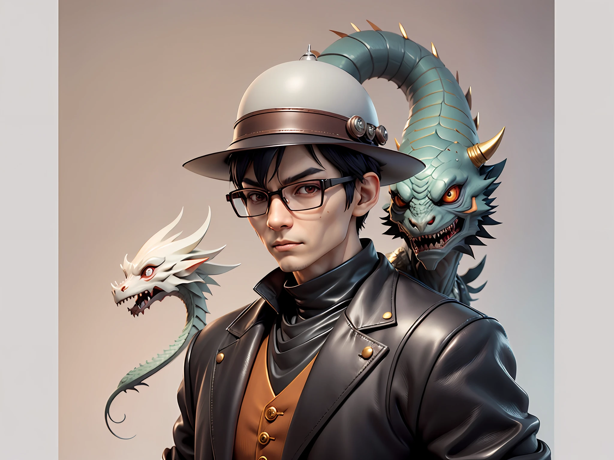 Young man with oriental face in leather hat, dragon, formal suit, short black hair, silver glasses, digital painting, 3D character design by Mark Clairedon and Pixar and Hayao Miyazaki and Akira Toriyama, the illustration is a high-definition illustration in 4K resolution with very detailed facial features and cartoon-style visuals.