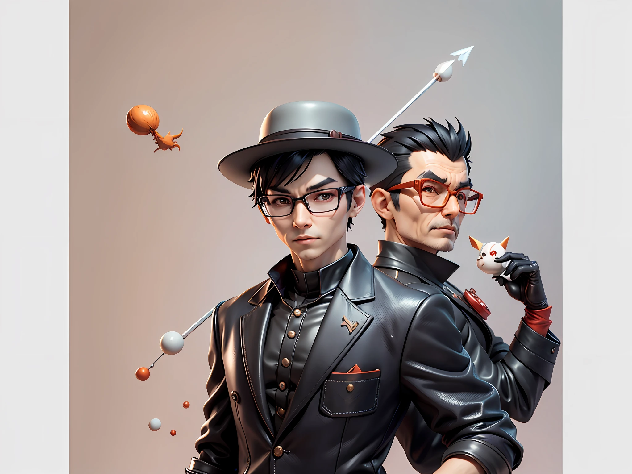 Young man with oriental face in leather hat, dragon, formal suit, short black hair, silver glasses, digital painting, 3D character design by Mark Clairedon and Pixar and Hayao Miyazaki and Akira Toriyama, the illustration is a high-definition illustration in 4K resolution with very detailed facial features and cartoon-style visuals.