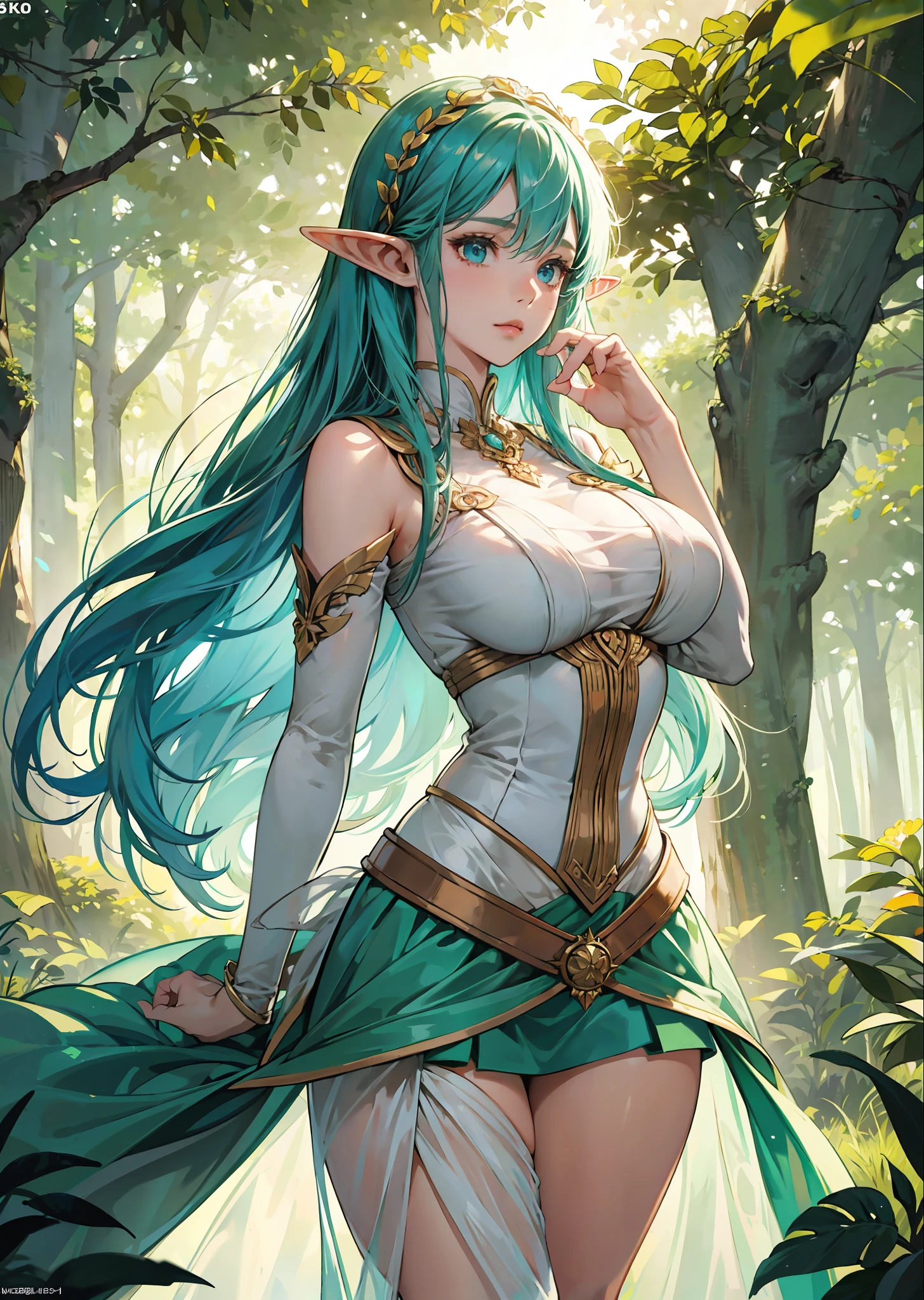 Elf woman in tight transparent dress, beautiful figure, large breasts, defiant pose, full-length, close-up, bottom view, super short skirt, in the forest in a sunlit clearing, (best quality), masterpiece, illustration., 8k_raw, high resolution, (araucaria)