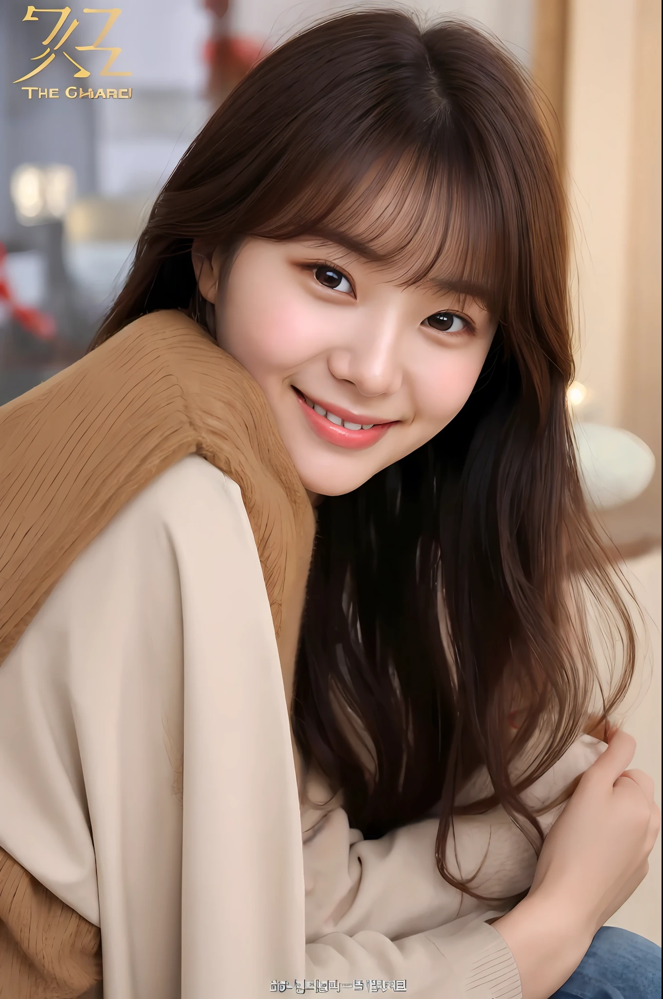 arafed woman with long brown hair and a tan sweater, warm and gentle smile, young adorable korean face, jaeyeon nam, smiling sweetly, cute korean actress, slight cute smile, ulzzang, lee ji - eun, lee ji-eun, young cute wan asian face, innocent smile, neat hair with bangs, jinyoung shin, lovely smile, warm smile