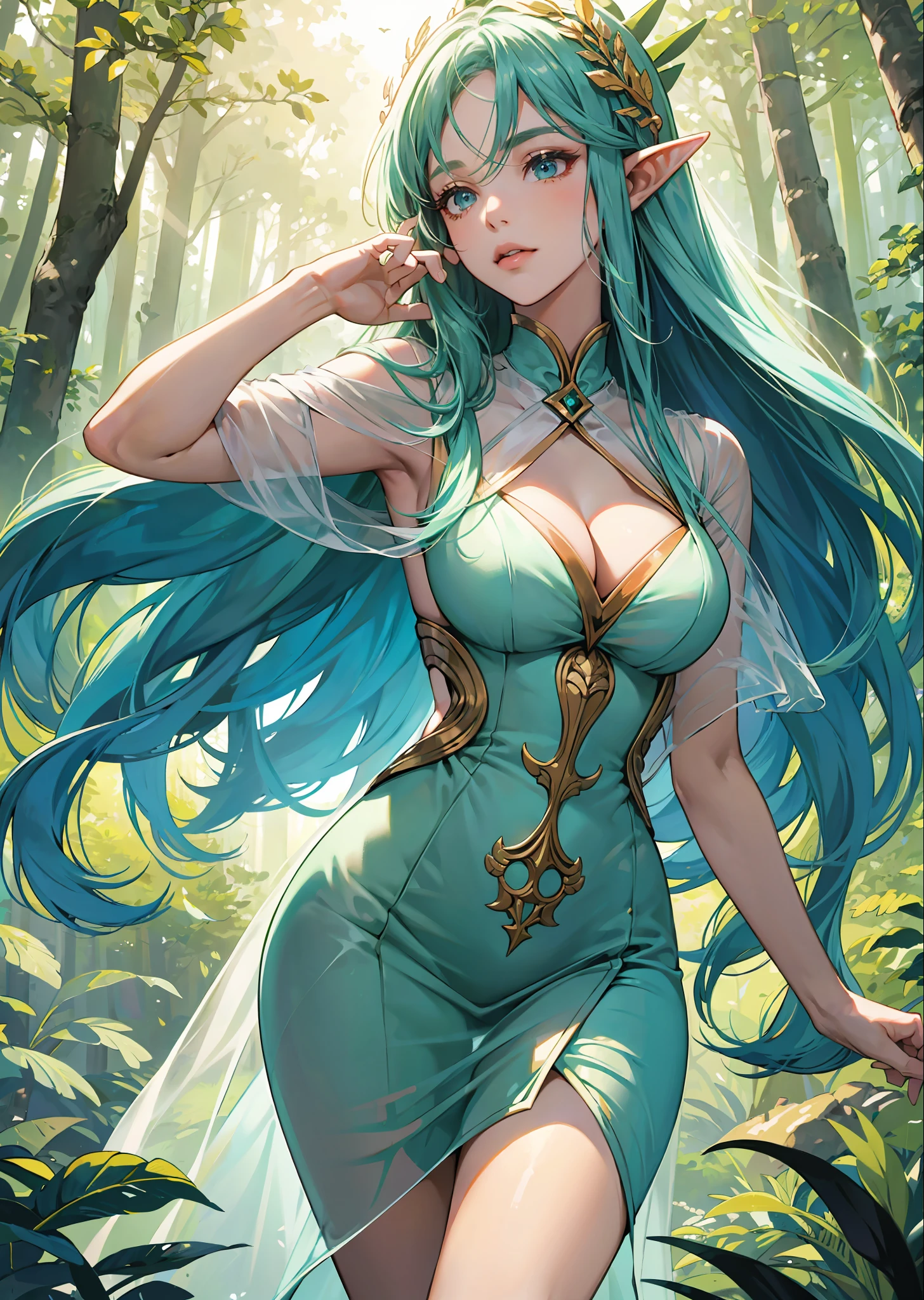 Elf woman in tight transparent dress, beautiful figure, large breasts, defiant pose, full-length, close-up, bottom view, super short skirt, in the forest in a sunlit clearing, (best quality), masterpiece, illustration., 8k_raw, high resolution, (araucaria)