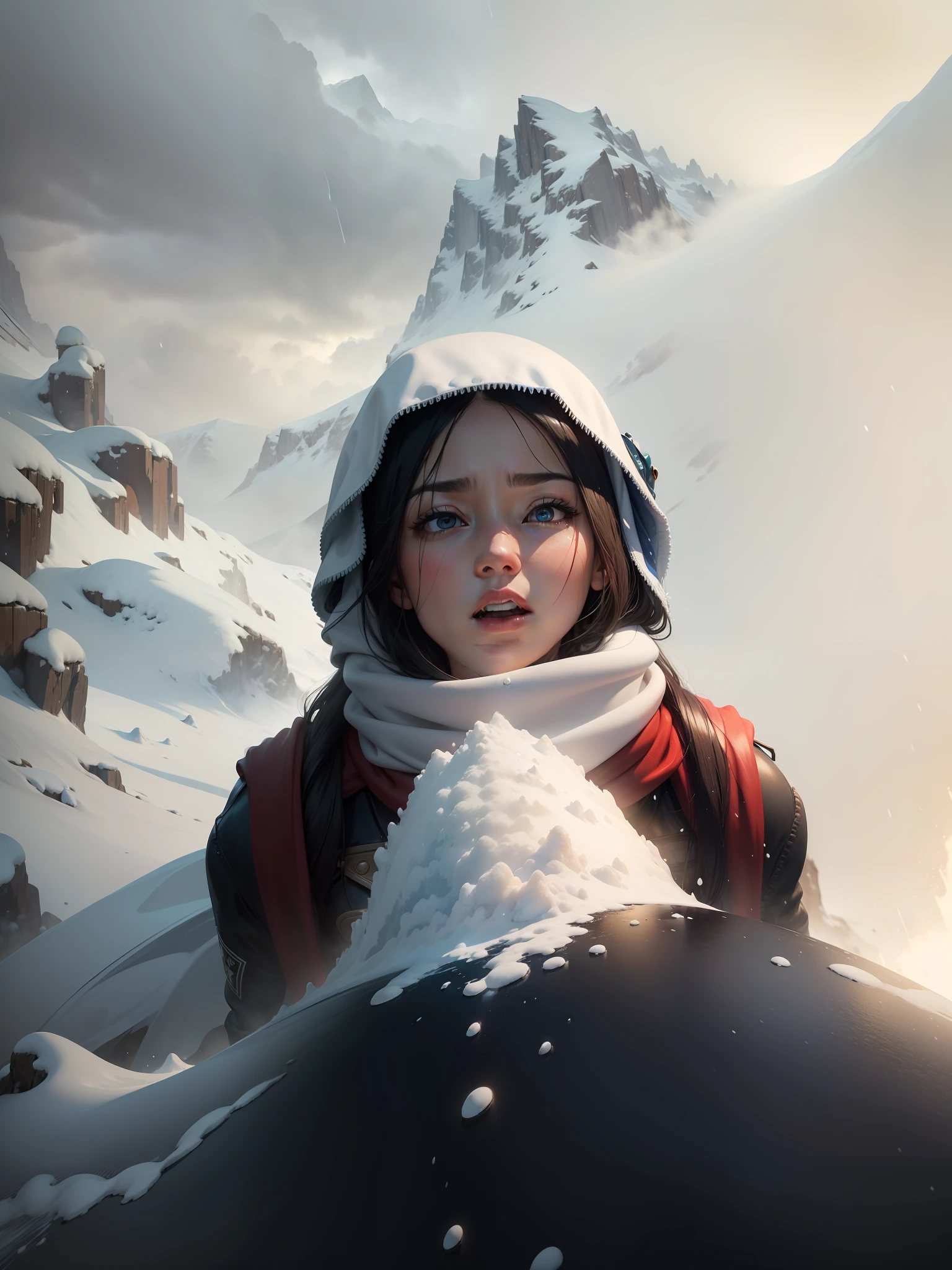 ((Masterpiece)), top quality, super detailed, dynamic angle, blue splash, rain, snow, (1 girl), vivid umbrella, red scarf, wind, dangerous situation, life and death, dramatic, emotional, high resolution, 8k wallpaper, snowy mountain, cloudy sky. Rain, Frog, Typhoon, Heavy Rain, Heavy Rain Disaster