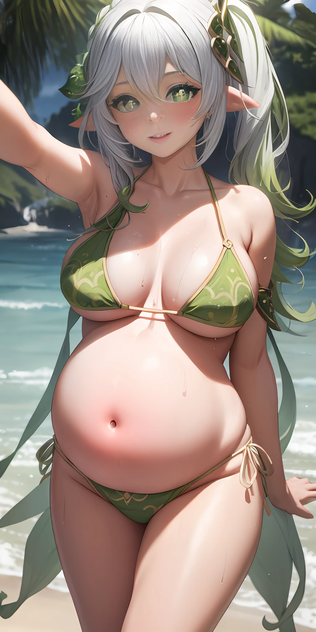 Selfie, 1 girl, parted lips, blush, makeup, light smile, bikini, beach, sweat, wet, radiant, glowing, thighs, collarbone, narrow waist, (masterpiece), wallpaper, pregnant woman, big breasts