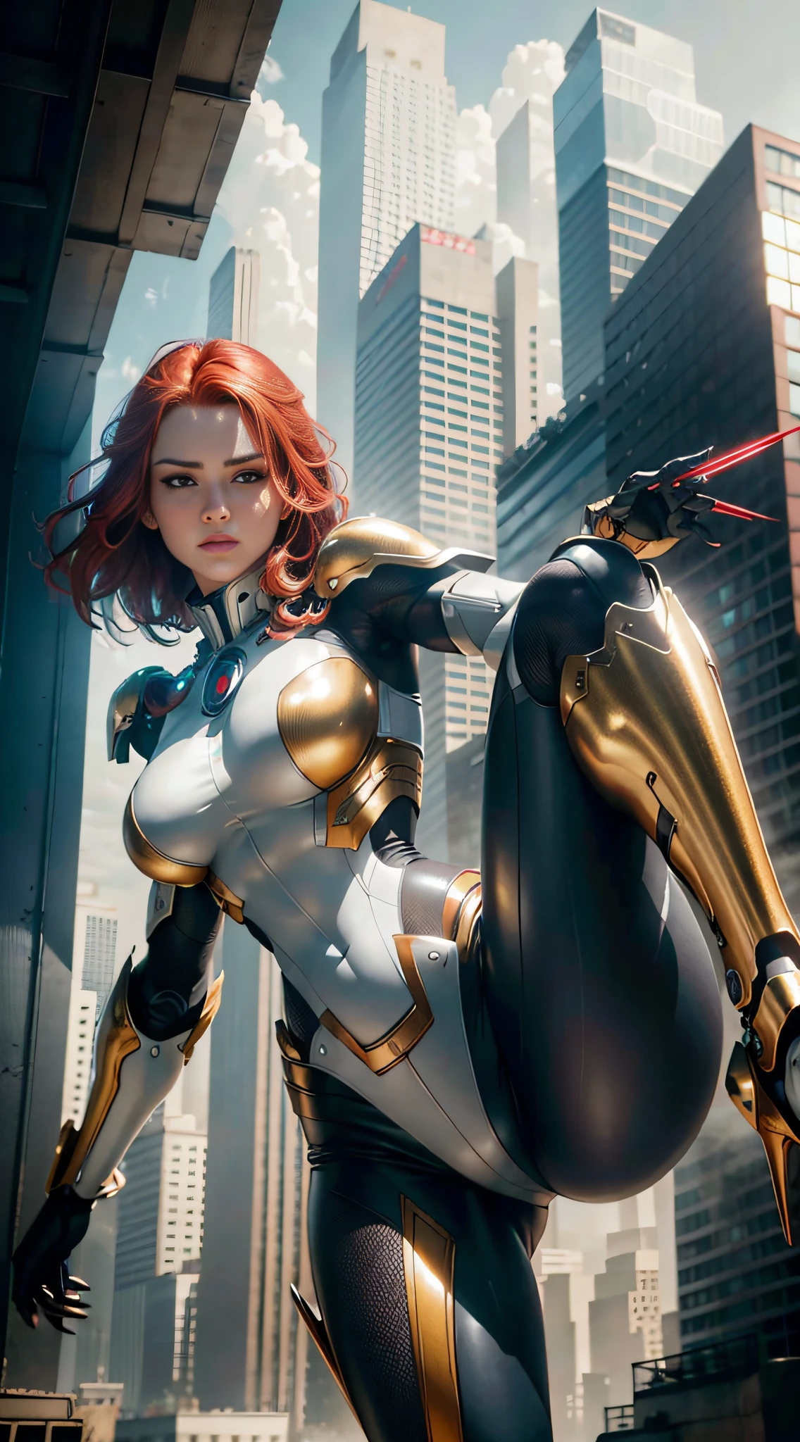RAW, masterpiece, ultra thin photo, best quality, ultra high resolution, photorealistic, sunlight, full body portrait, incredibly beautiful, dynamic poses, sexy, delicate face, vibrant eyes, (red hair), she is using a futuristic wolverine mechanism, red and gold color scheme, highly detailed robot factory background, detailed face, detailed and complex busy background, messy,  Gorgeous, milky white, highly detailed skin, realistic skin details, visible pores, sharp focus, volumetric mist, 8K UHD, DSLR camera, high quality, film grain, fair skin, photorealism, lomography, expanding metropolis in futuristic dystopia, view from below, translucent,