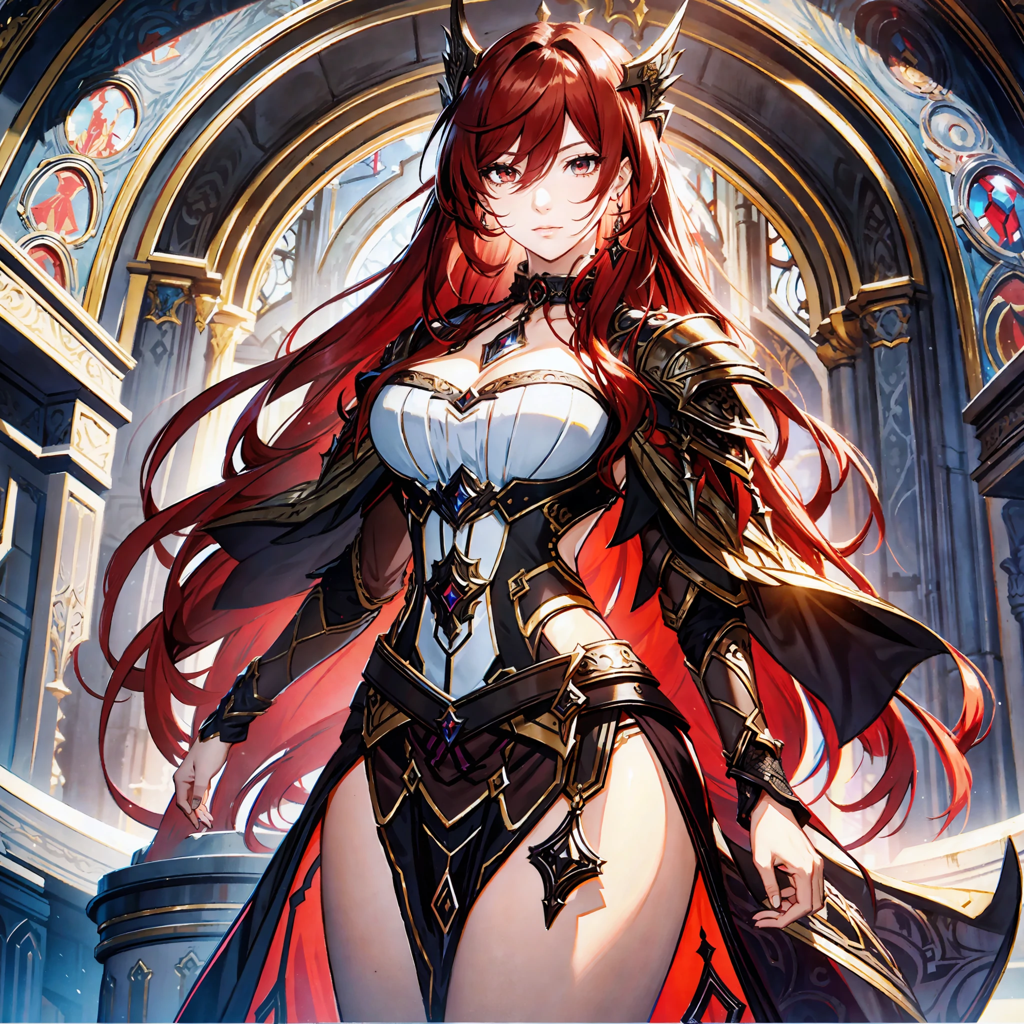 masterpiece, best quality, 1woman adult, older milf, female focus, solo, red hair, vibrant black eyes, long hair with fringe, looking at viewer, cape, High quality metal texture, semi metal armor, closed mouth, upper body, bangs, high collar,(kbxll:0.6), Fantasy aesthetics, fantasy earring, Highly detailed, shadowverse character concept, shadowverse style