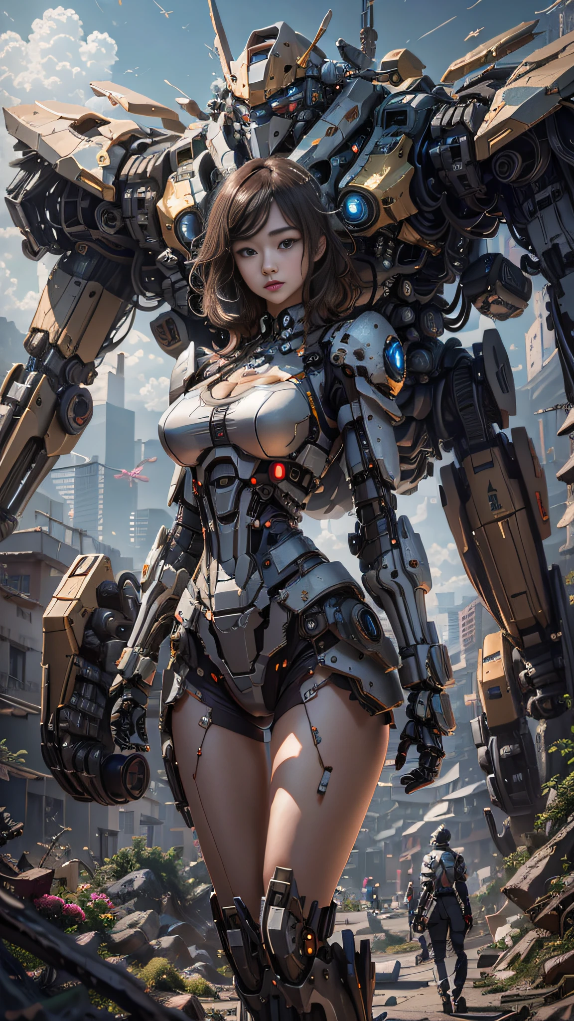 ((Best Quality)), ((Masterpiece)), (Very Detailed:1.3), 3D, Shitu-mecha, Beautiful cyberpunk woman with her pink mech in the ruins of a city in the forgotten war, Ancient technology, HDR (High Dynamic Range), ray tracing, NVIDIA RTX, super resolution, unreal 5, subsurface scattering, PBR texture, post-processing, anisotropic filtering, depth of field, maximum sharpness and sharpness, multi-layer texture, albedo and highlight maps, surface shading, Accurate simulation of light-material interactions, perfect proportions, octane rendering, duotone lighting, low ISO, white balance, rule of thirds, wide aperture, 8K RAW, efficient sub-pixels, subpixel convolution, luminescent particles, light scattering, Tyndall effect