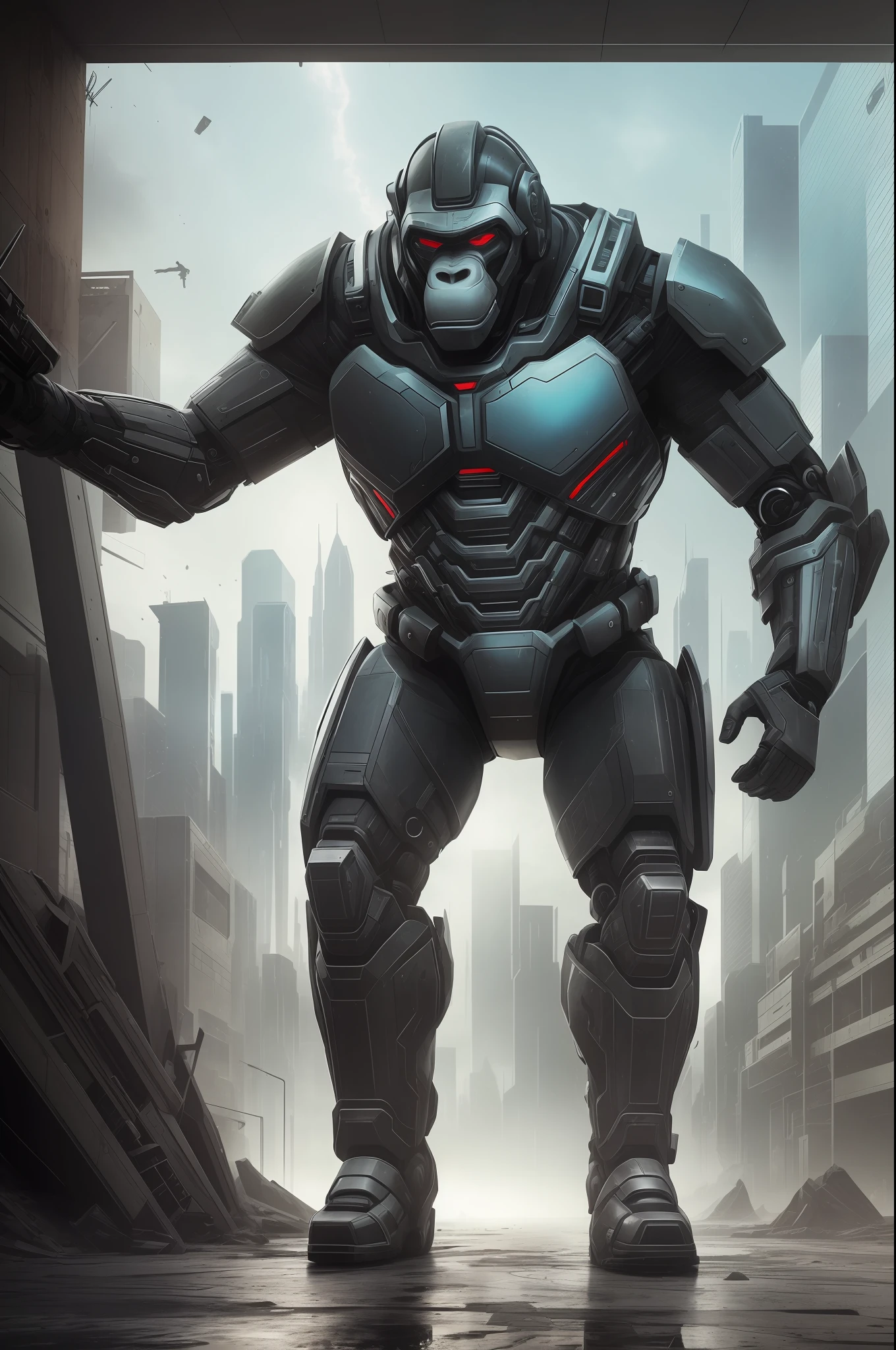 In a dystopian future, where the line between humans and machines has become blurred, an ape-headed man emerges as a symbol of transformation. Dressed in imposing cybernetic armor, he walks through a post-apocalyptic world where technology and savagery mingle. The desolate and reflected landscape reflects the chaotic state of society. The image, in high quality and rich in detail, transports the viewer to a futuristic and intriguing universe. --auto --s2