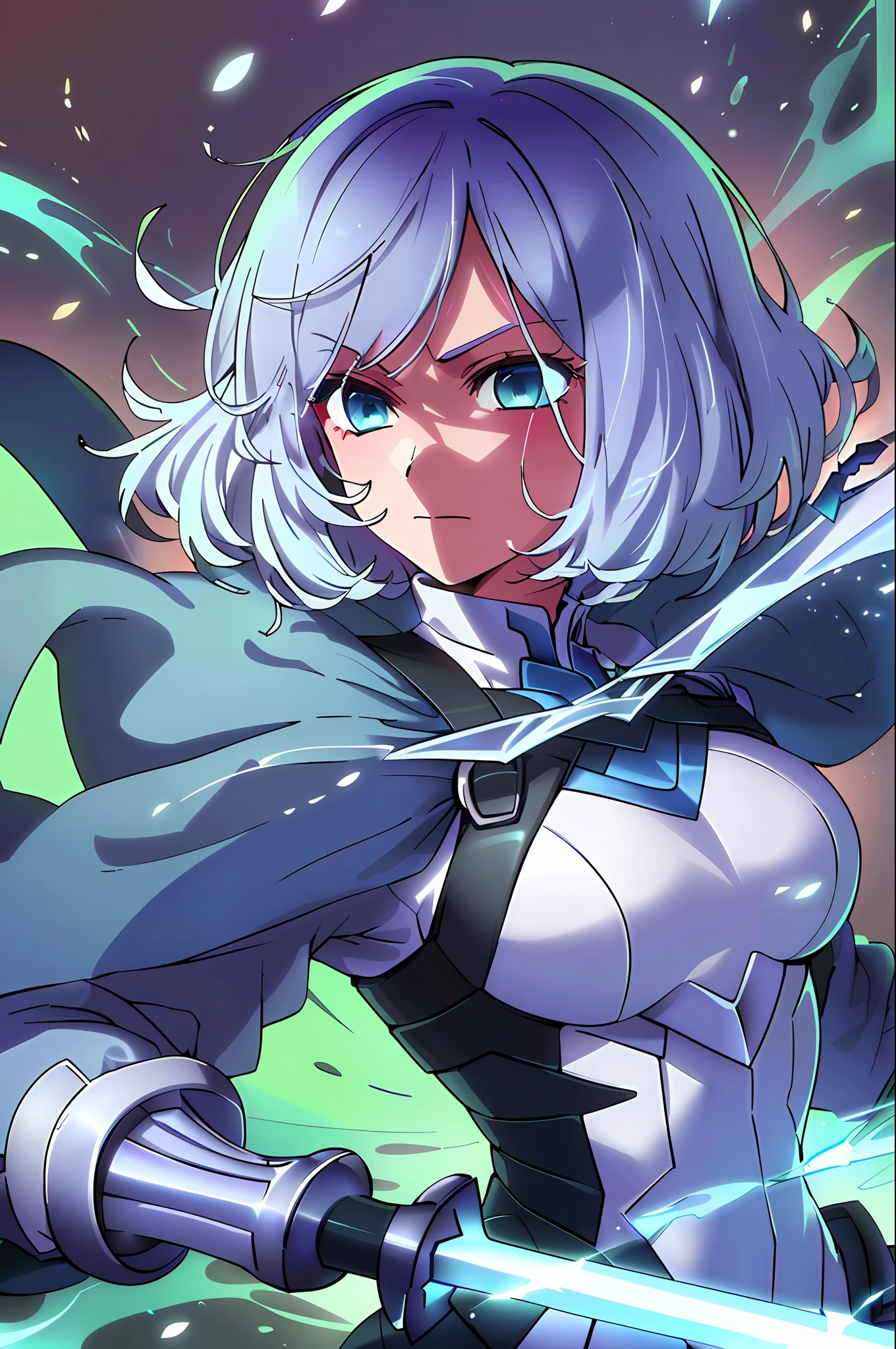 colorful, 1 girl, white hair, blue eyes, double hilt, sword, hand sword, blue flames, brilliance, bright weapon, light particles, wallpaper, chromatic aberration,