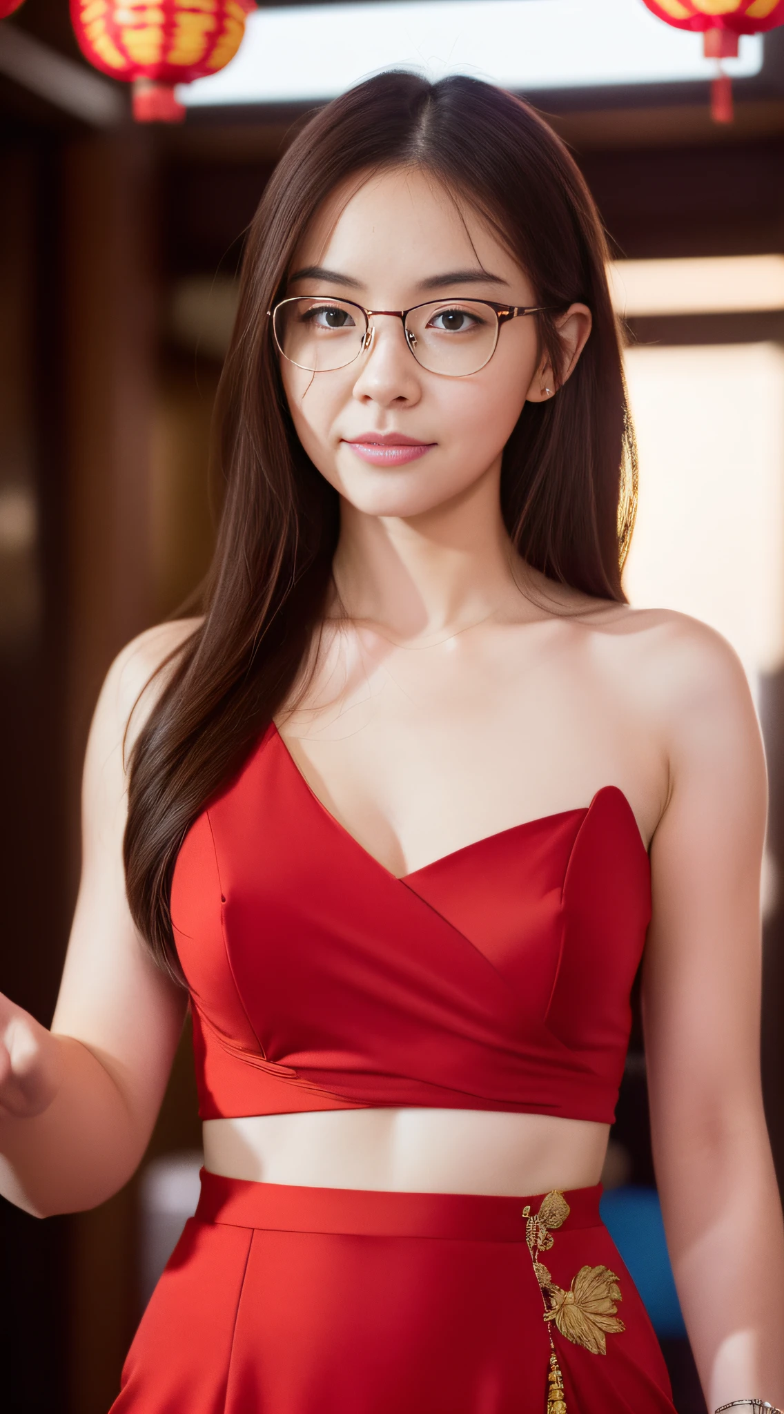 ((Realistic lighting, Best quality, 8K, Masterpiece: 1.3)), Clear focus: 1.2, 1girl, With Glasses, Perfect Body Beauty: 1.4, Slim Abs: 1.1, ((Dark Brown Hair, Medium Breasts: 1.3)), (Red Chinese Dress: 1.4), (Chinatown, Day: 1.1), City Street, Super Fine Face, Fine Eyes, Double Eyelids