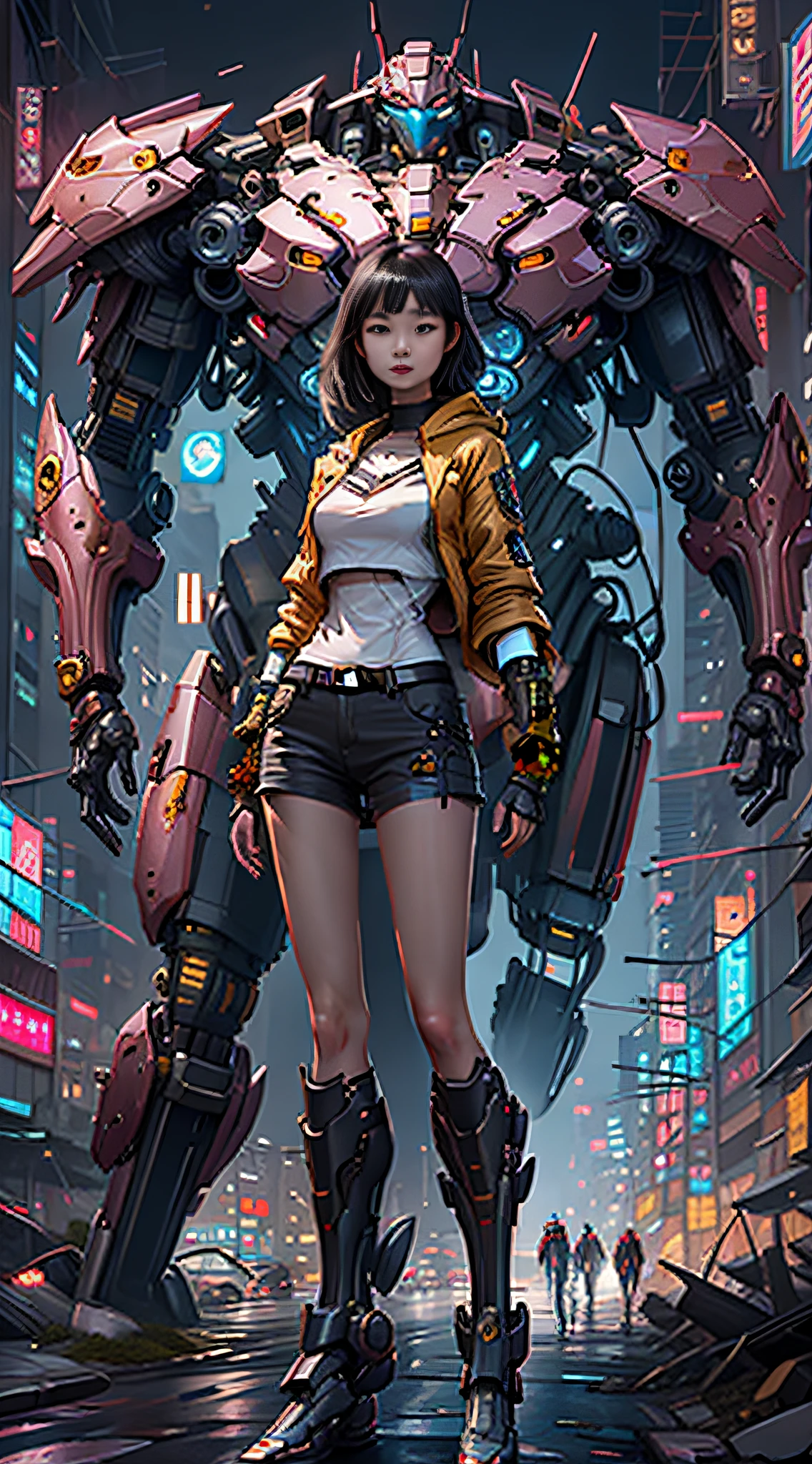 Boutique,best quality,Gold jewelry,(slip out feet),Fairy skin,(Fidelity :1.2),Standing,Super Detailed,realistic,High quality,Movie Light,Ray tracking,Ultra HD,Upper body
Girl in shorts and jacket standing next to giant robot, Guweiz style artwork, CyberPunk mech, Trends on CGSTATION, Guweiz, Russell Dongjun Lu, digital cyberpunk anime art, Ross Tran 8 K, Guweiz on ArtStation Pixiv, Girl in mecha network armor