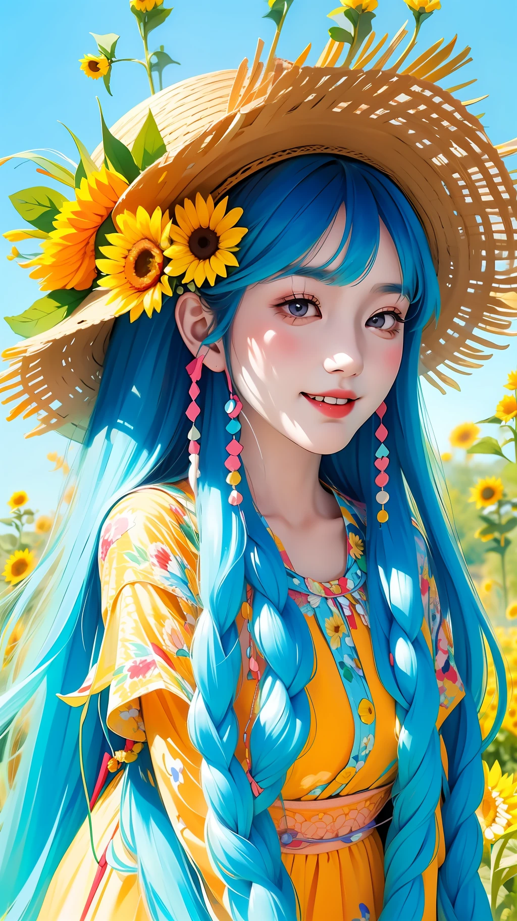 Hayao Miyazaki, cool summer, li girl, big eyes, wearing a garland straw hat, turquoise bright long hair twisted braids, air bangs, wearing a colorful dress, sunflower flower sea, colorful clear eyes, with a smile, laughing, melon seed face, high nose bridge, delicate facial features, 8k picture quality,