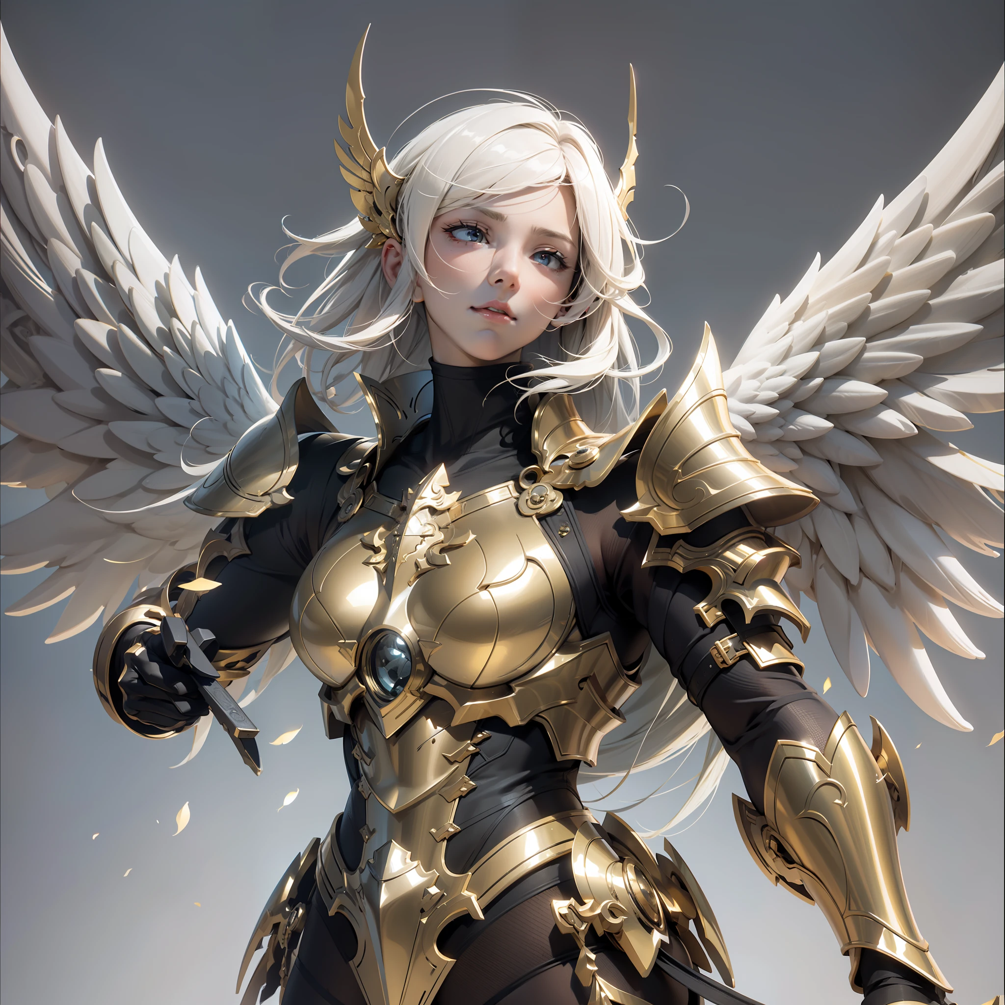 An angel warrior, (with a pair of golden wings on his back), ((metal wings)), ((golden armor)), high detail, (beautiful face), perfect facial features, golden hair, golden sword, indifferent, arrogant, invincible, atmospheric, macro, realistic, HDR (high dynamic range), ray tracing, NVIDIA RTX, super resolution, Unreal 5, subsurface scattering, post-processing, anisotropic filtering, depth of field, maximum sharpness and sharpness, Albedo and Specular Mapping, Surface shading, Accurately Simulating Light-Material Interactions, Perfect Proportions, Octane Render, Duotone Lighting, Large Aperture, Low ISO, White Balance, Rule of Thirds, 8K RAW, High Efficiency Sub-Pixel, Subpixel Convolution,