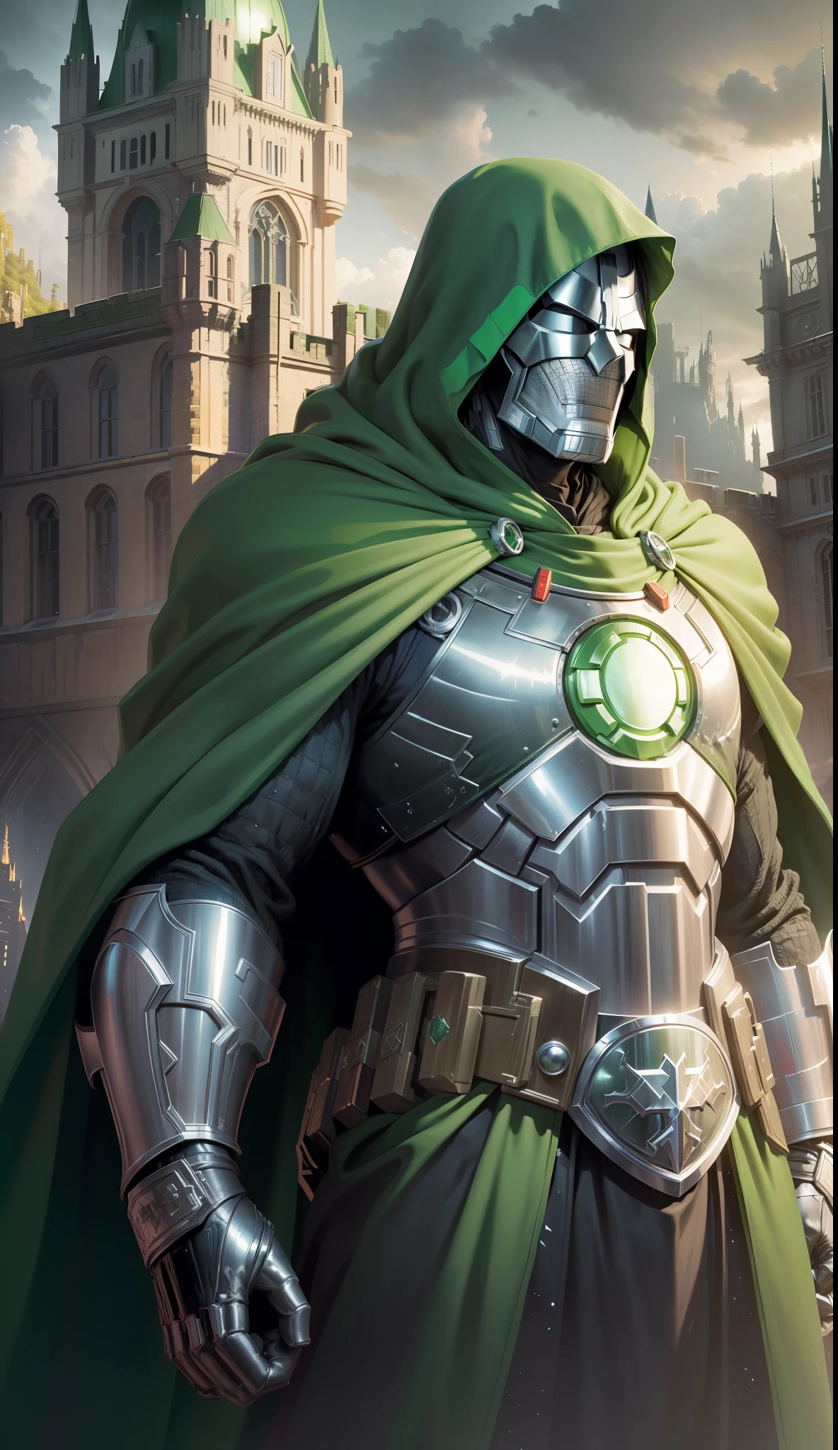 (masterpiece),best quality,ultra-detailed CG unity 8k wallpaper,(Doctor Doom wearing armor:1.3) with a green cape and iron mask standing under a dark and gloomy sky, (large castle:1.1) in the far background, (Marvel comics inspired:1.2), Volumetric light, Gothic architecture.