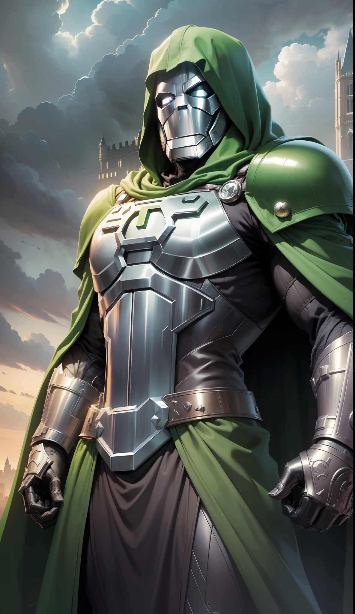 (masterpiece),best quality,ultra-detailed CG unity 8k wallpaper,(Doctor Doom wearing armor:1.3) with a green cape and iron mask standing under a dark and gloomy sky, (large castle:1.1) in the far background, (Marvel comics inspired:1.2), Volumetric light, Gothic architecture.
