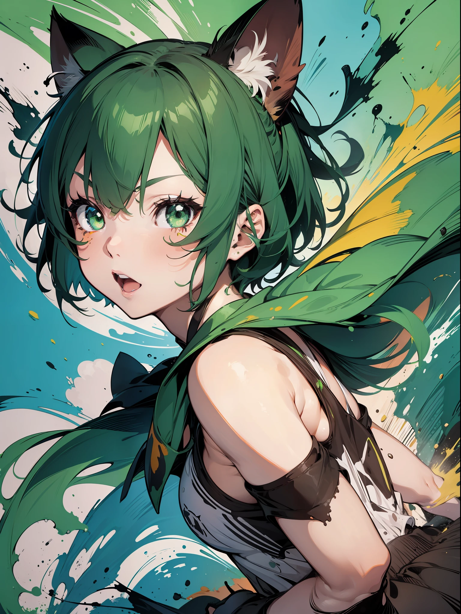 Cat girl, short green bob hair, green eyes, beach, paint splatter, expressive dripping, random patterns, energetic movements, bold colors, dynamic textures, spontaneous creativity