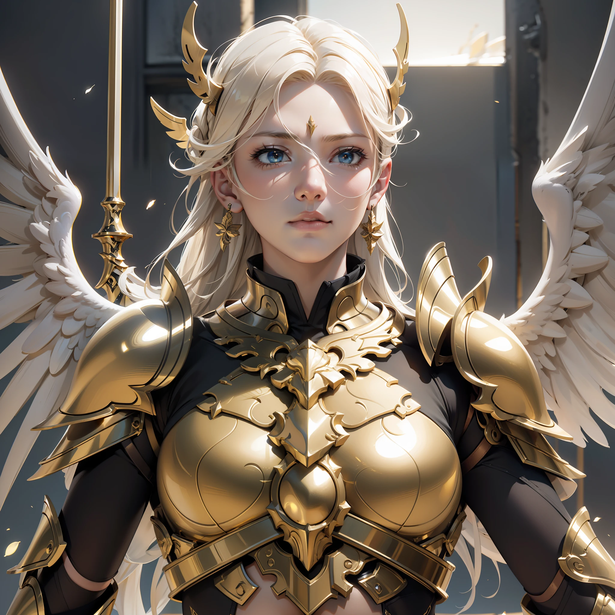 An angel warrior, (with a pair of golden wings on his back), ((metal wings)), ((golden armor)), high detail, (beautiful face), perfect facial features, golden hair, golden sword, indifferent, arrogant, invincible, atmospheric, macro, realistic, HDR (high dynamic range), ray tracing, NVIDIA RTX, super resolution, Unreal 5, subsurface scattering, post-processing, anisotropic filtering, depth of field, maximum sharpness and sharpness, Albedo and Specular Mapping, Surface shading, Accurately Simulating Light-Material Interactions, Perfect Proportions, Octane Render, Duotone Lighting, Large Aperture, Low ISO, White Balance, Rule of Thirds, 8K RAW, High Efficiency Sub-Pixel, Subpixel Convolution,