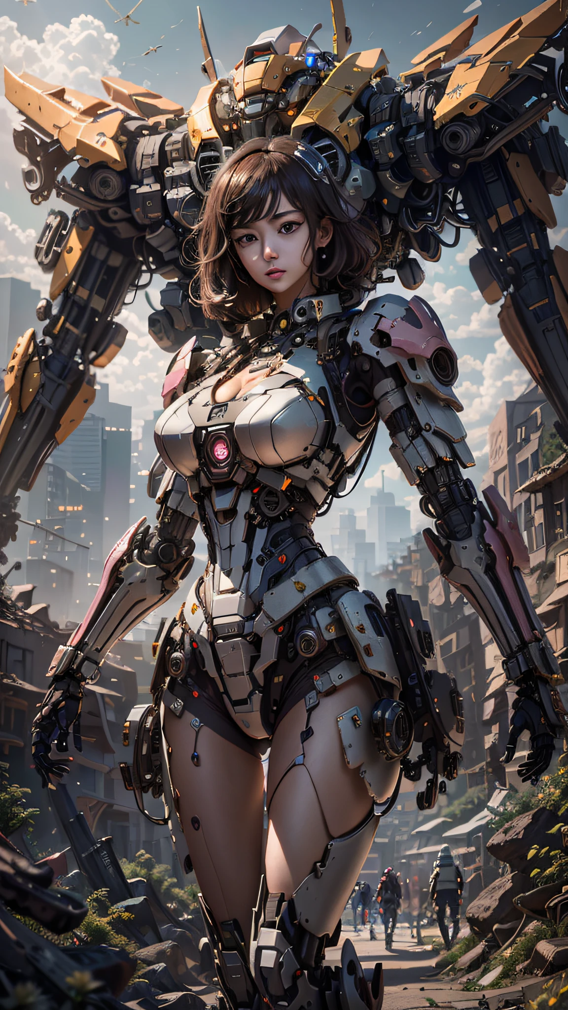 ((Best Quality)), ((Masterpiece)), (Very Detailed:1.3), 3D, Shitu-mecha, Beautiful cyberpunk woman with her pink mech in the ruins of a city in the forgotten war, Ancient technology, HDR (High Dynamic Range), ray tracing, NVIDIA RTX, super resolution, unreal 5, subsurface scattering, PBR texture, post-processing, anisotropic filtering, depth of field, maximum sharpness and sharpness, multi-layer texture, albedo and highlight maps, surface shading, Accurate simulation of light-material interactions, perfect proportions, octane rendering, duotone lighting, low ISO, white balance, rule of thirds, wide aperture, 8K RAW, efficient sub-pixels, subpixel convolution, luminescent particles, light scattering, Tyndall effect