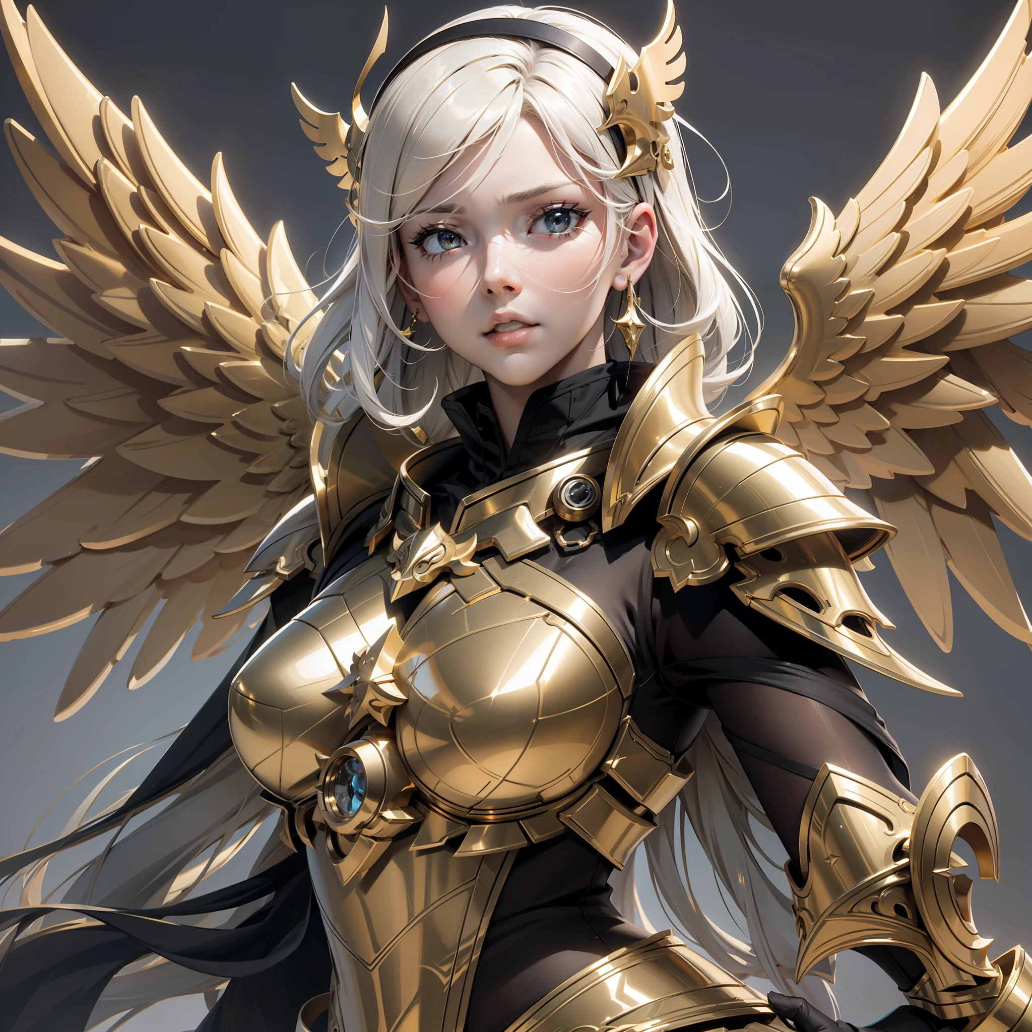 An angel warrior, (with a pair of golden wings on his back), ((metal wings)), ((golden armor)), high detail, (beautiful face), perfect facial features, golden hair, golden sword, indifferent, arrogant, invincible, atmospheric, macro, realistic, HDR (high dynamic range), ray tracing, NVIDIA RTX, super resolution, Unreal 5, subsurface scattering, post-processing, anisotropic filtering, depth of field, maximum sharpness and sharpness, Albedo and Specular Mapping, Surface shading, Accurately Simulating Light-Material Interactions, Perfect Proportions, Octane Render, Duotone Lighting, Large Aperture, Low ISO, White Balance, Rule of Thirds, 8K RAW, High Efficiency Sub-Pixel, Subpixel Convolution,