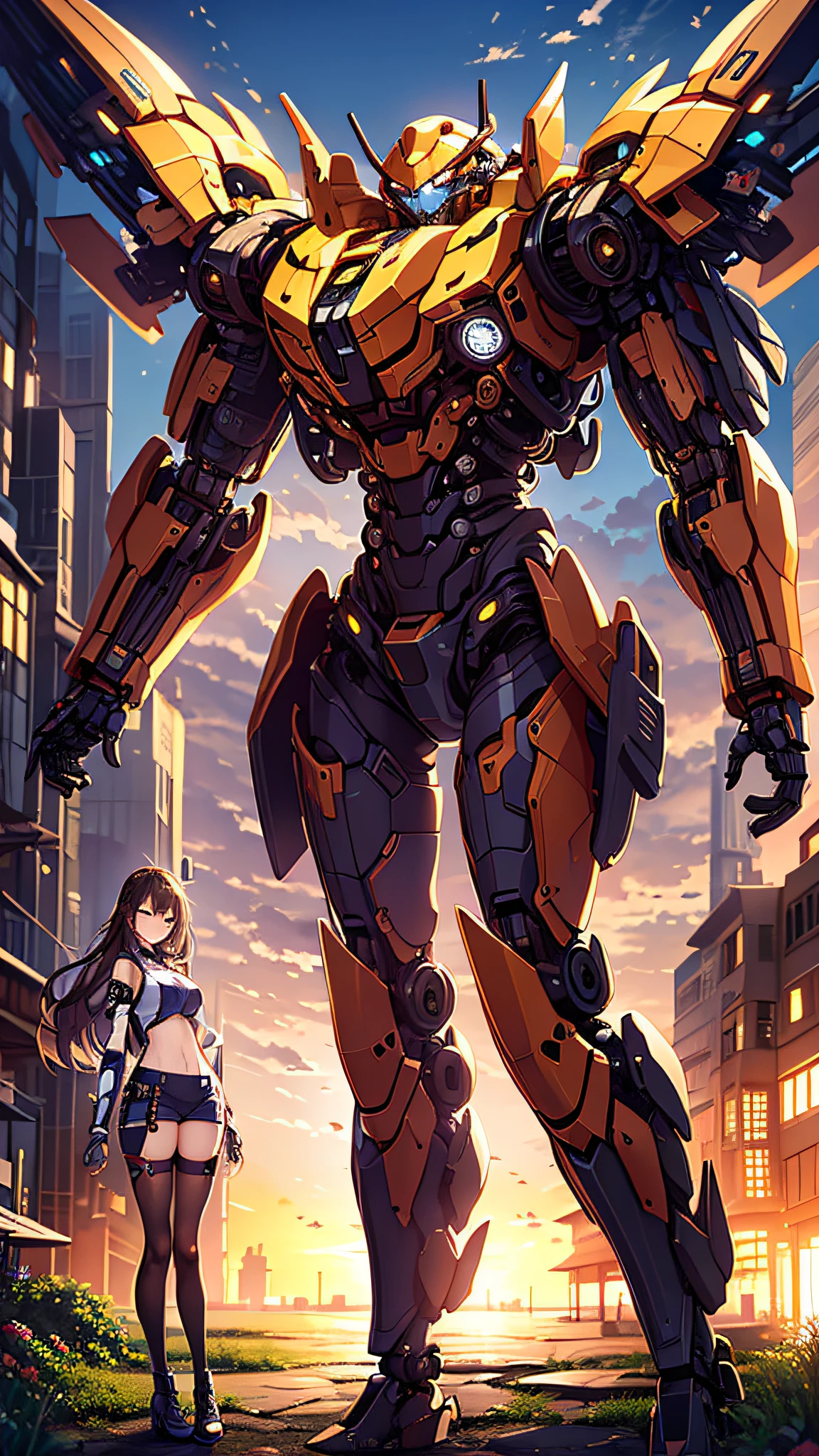 ((masterpiece, best quality)),illustration,ultra detailed 8k,photorealistic,sharp focus,highly detailed,professional lighting,colorful details,iridescent colors BREAK extreme long shot of a factory,large mechanical robot construction,microchip,computer,glowing,intricate details,shitu-mecha,1girl is standing in front of the audience,Navel