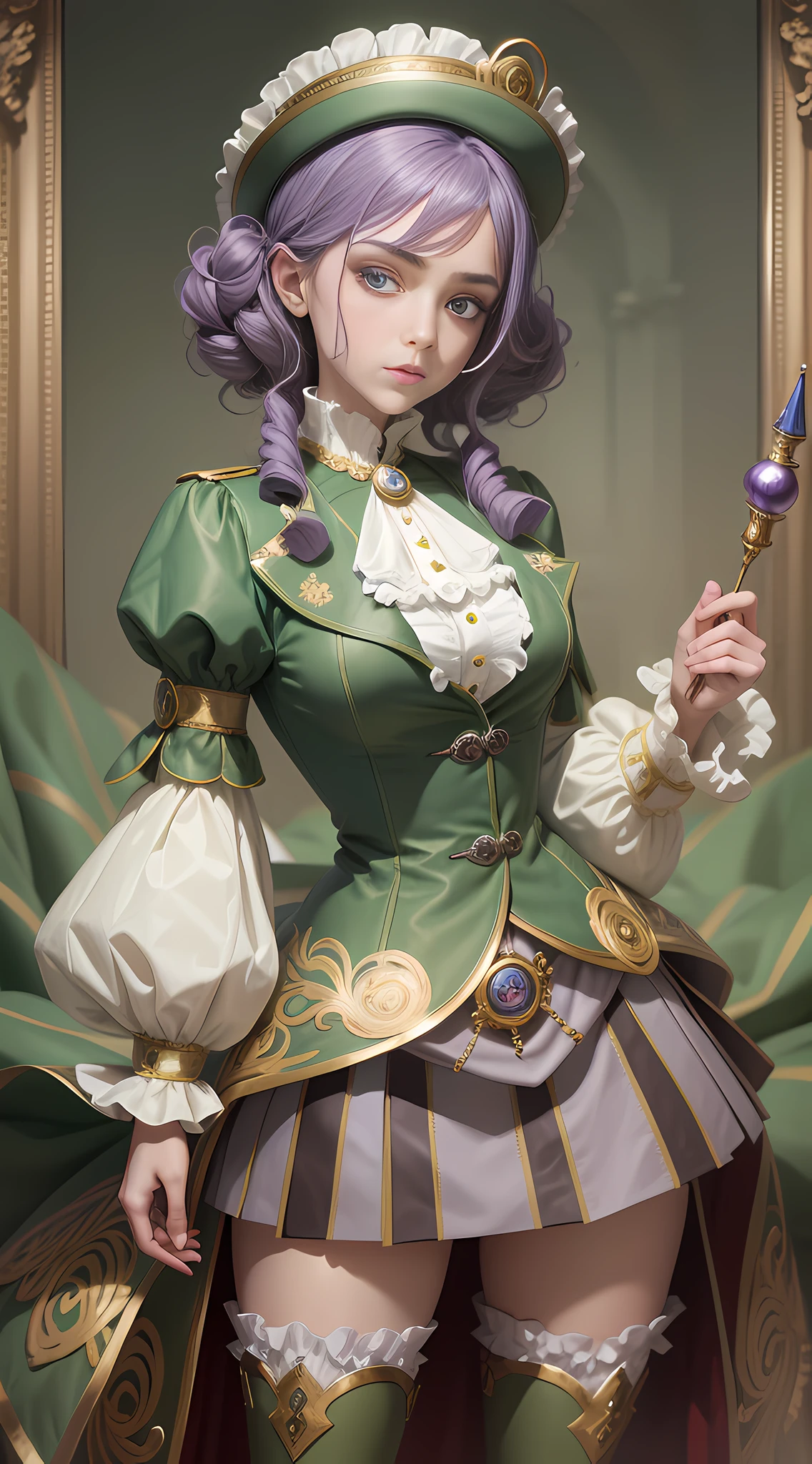 Blindt is a 16-year-old girl of average height with blue eyes and long eyelashes, and curly cone-shaped violet hair stylized into five cone-ring curly cones. His costume is a late Baroque-style outfit, consisting of a moss-colored frock coat with pearl embroidery, a white cravat with a red brooch, a bright green justacorps with edges and golden sleeve frame, a coordinated green top hat, brown pants, white socks, white heeled shoes with gold buckles and white gloves, playing beyblade.
