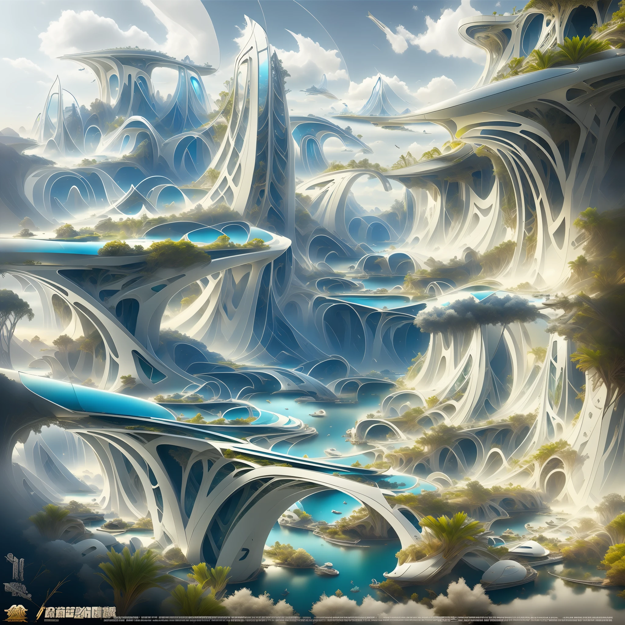 Airbrush drawing --v 5.1 style Futuristic design of an awesome sunny day environment concept art on a futuristic terrain with huge waterfalls,streams, mangroves,nature architecture, proportional,detailed,bright clouds, nature meets futuristic architecture by Santiago Calatrava and Vincent Callebaut with futuristic development, high rise made up staircases, balconies, full of composite glass facades, residential spaces carved from cliff side ,trending on artstation, beautiful lighting,In the style , fantasy, intricate, award winning, 4k, highest quality