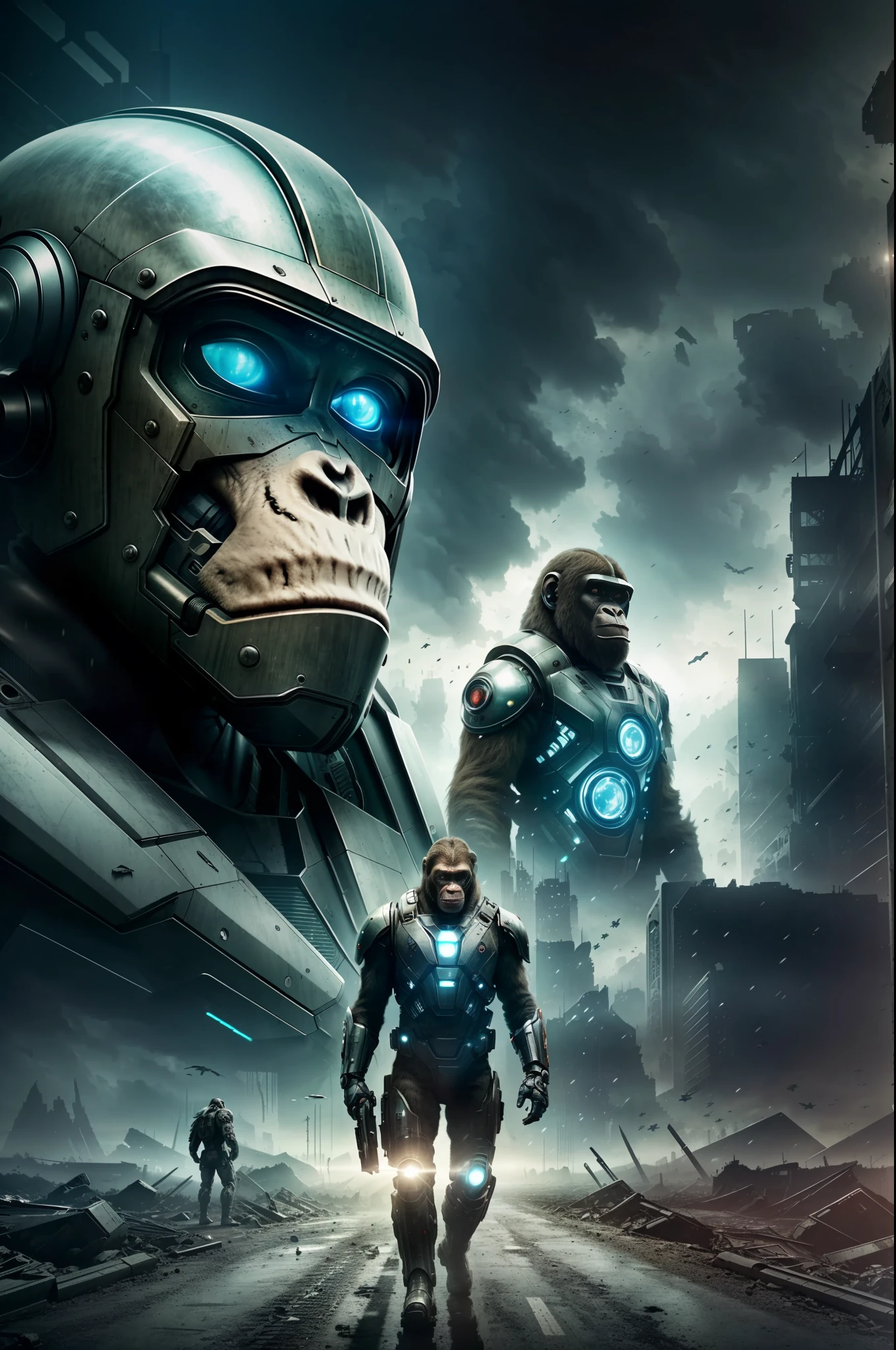 In a dystopian future, where the line between humans and machines has become blurred, an ape-headed man emerges as a symbol of transformation. Dressed in imposing cybernetic armor, he walks through a post-apocalyptic world where technology and savagery mingle. The desolate and reflected landscape reflects the chaotic state of society. The image, in high quality and rich in detail, transports the viewer to a futuristic and intriguing universe. --auto --s2