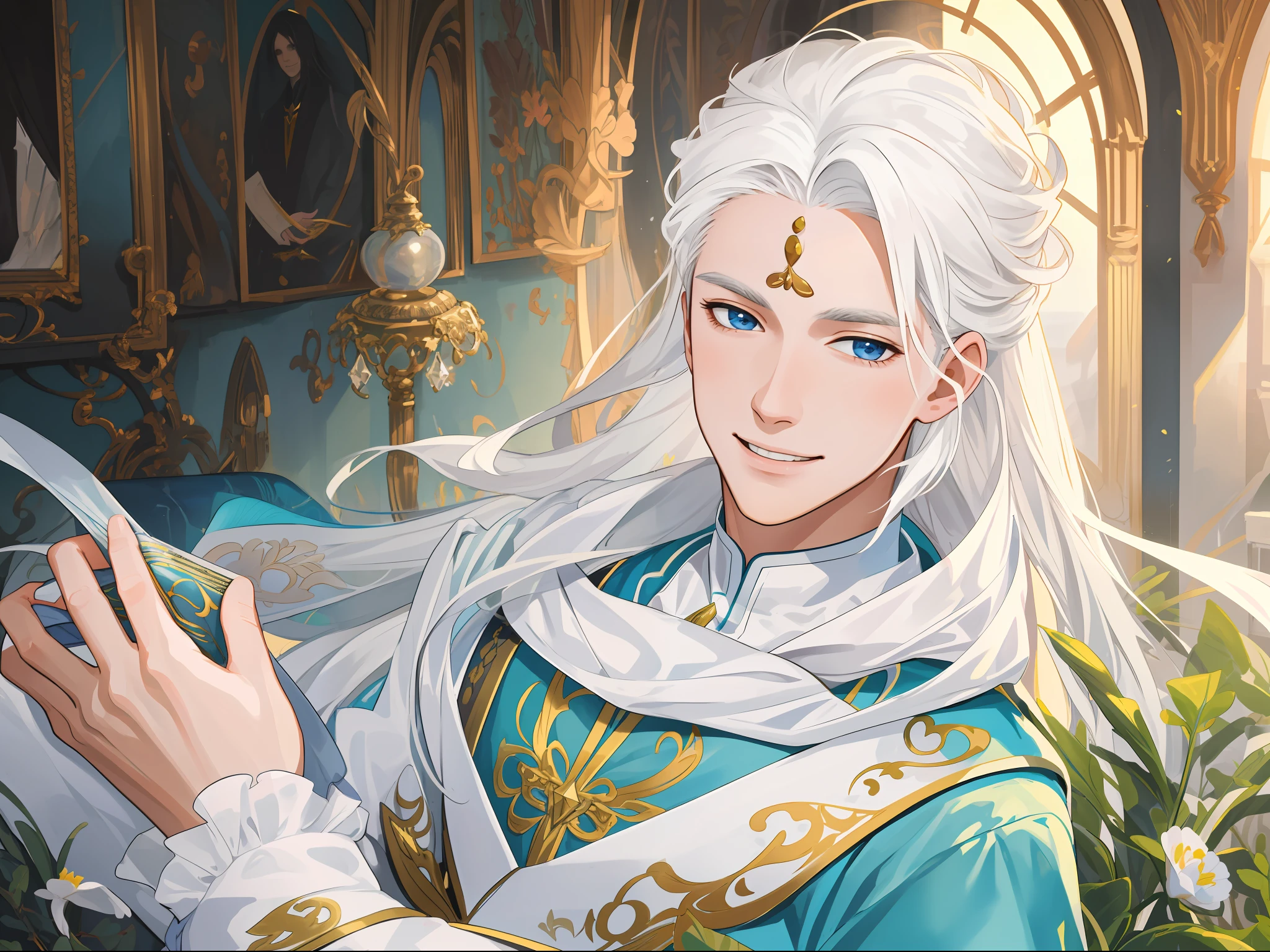 Masterpiece, super-fine, semi-realistic, meticulous facial features, 1boy, white hair, long hair, wearing exquisite fairy costumes, smile, wipe forehead, bedroom,