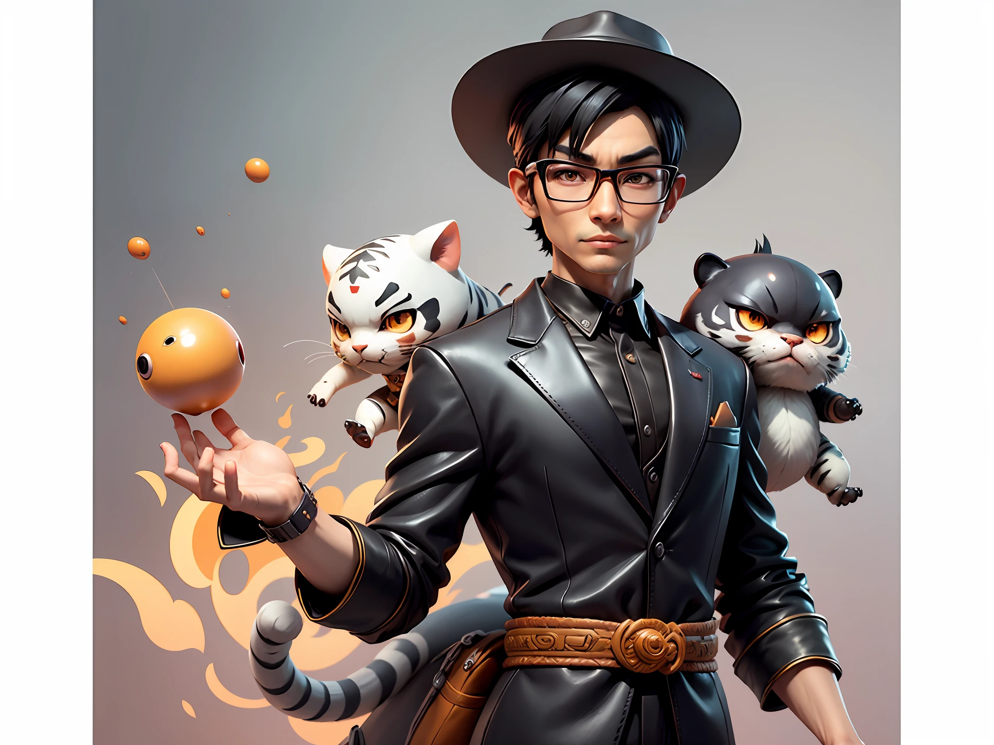 Young man with oriental face in leather hat, tiger, oriental face in formal suit, short black hair, silver glasses, digital painting, 3D character design by Mark Clairedon and Pixar and Hayao Miyazaki and Akira Toriyama, the illustration is a high-definition illustration in 4K resolution with very detailed facial features and cartoon-style visuals.