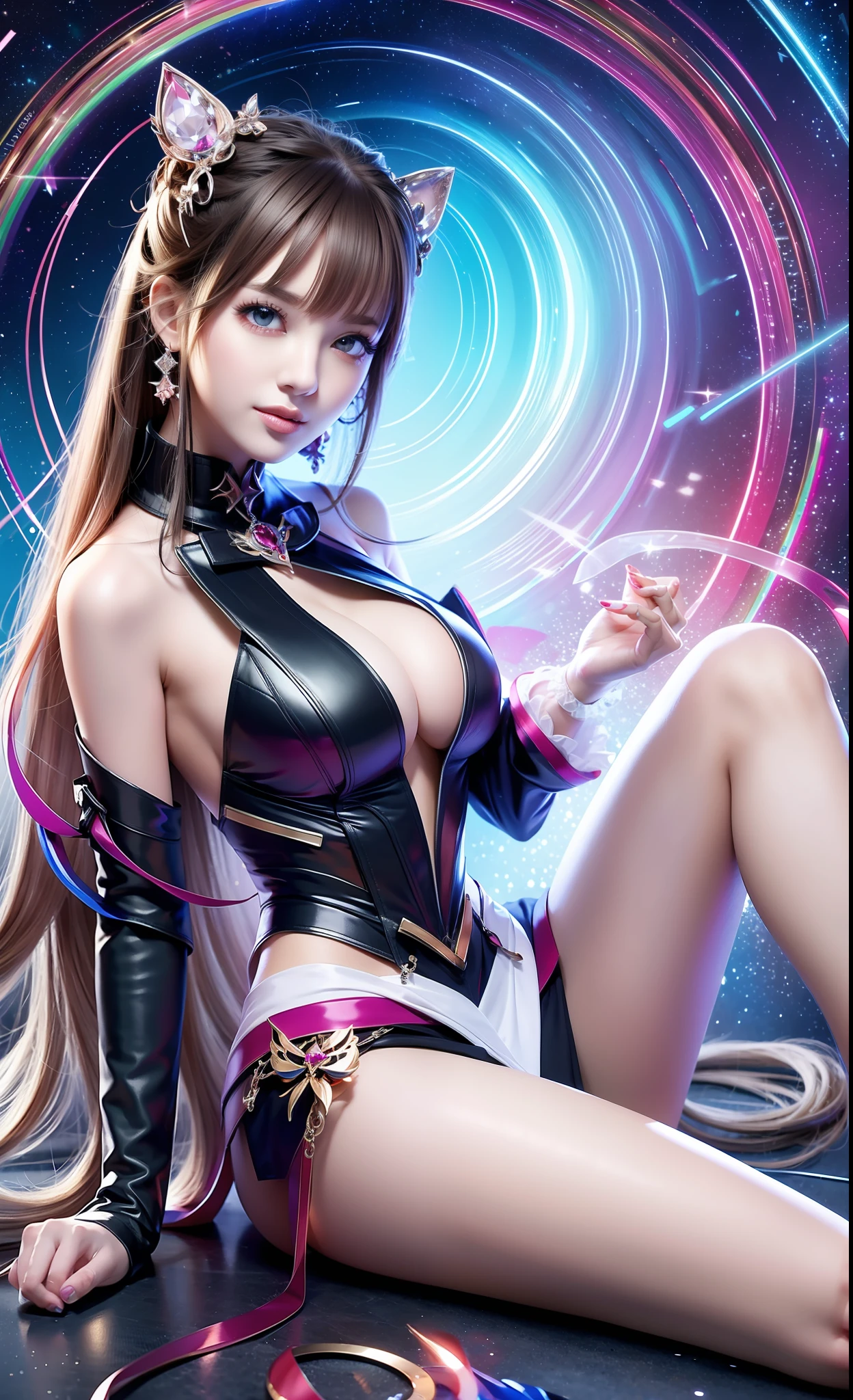 Masterpiece, Top Quality, Girls, Slender, Rainbow Color Eyes, Hair Color, Rainbow Color, Long Hair Spreading, White Skin, Medium, Cute, Sexy, Halo, Near Future, Bikini, Skin Exposed, Psychedelic, Trip, Extreme Color, Paisley, Highly Colored, Cyberspace, Cyberpunk, Disco, Buddhism, Mandala Themes, Open Legs, Eyeshadow, False Lashes, Blushing, Mechanical Left Arm, Smile, full body