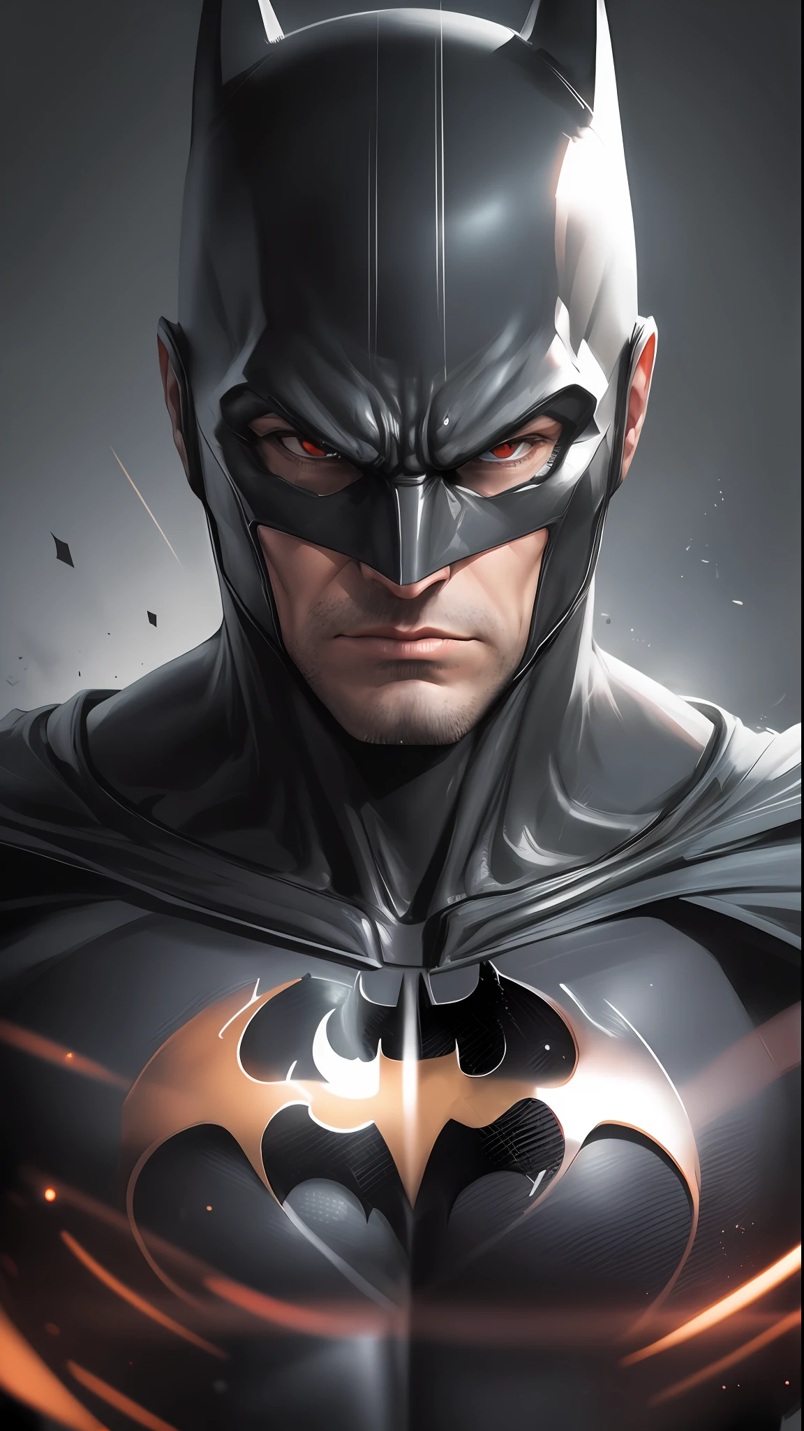 create an 8k image of the serious Batman in a combat pose looking at the camera, cinematic lights, ultra detailed, solid matte black background