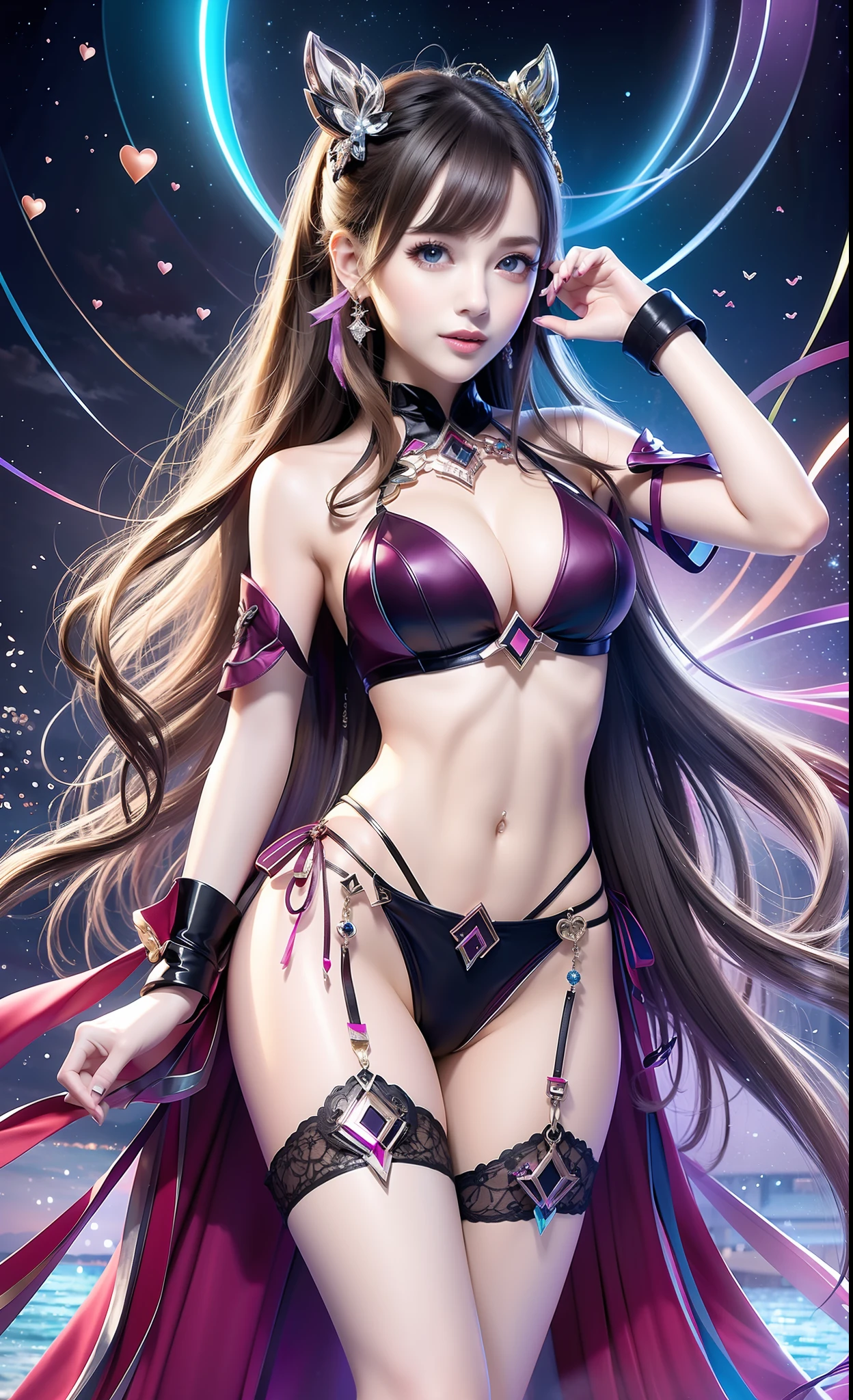 Masterpiece, Top Quality, Girls, Slender, Rainbow Color Eyes, Hair Color, Rainbow Color, Long Hair Spreading, White Skin, Medium, Cute, Sexy, Halo, Near Future, Bikini, Skin Exposed, Psychedelic, Trip, Extreme Color, Paisley, Highly Colored, Cyberspace, Cyberpunk, Disco, Buddhism, Mandala Themes, Open Legs, Eyeshadow, False Lashes, Blushing, Mechanical Left Arm, Smile, full body