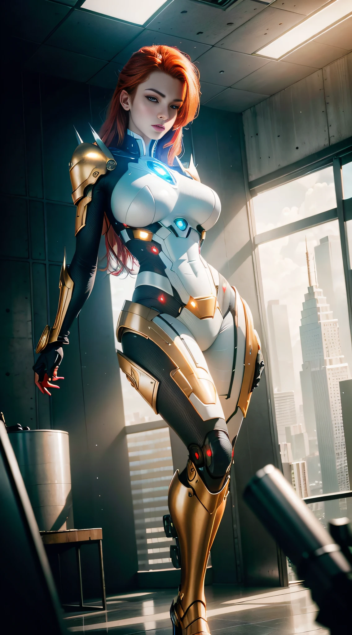 RAW, masterpiece, ultra thin photo, best quality, ultra high resolution, photorealistic, sunlight, full body portrait, incredibly beautiful, dynamic poses, sexy, delicate face, vibrant eyes, (red hair), she is using a futuristic wolverine mechanism, red and gold color scheme, highly detailed robot factory background, detailed face, detailed and complex busy background, messy, Gorgeous, milky white, highly detailed skin, realistic skin details, visible pores, sharp focus, volumetric mist, 8K UHD, DSLR camera, high quality, film grain, fair skin, photorealism, lomography, expanding metropolis in futuristic dystopia, view from below, translucent,