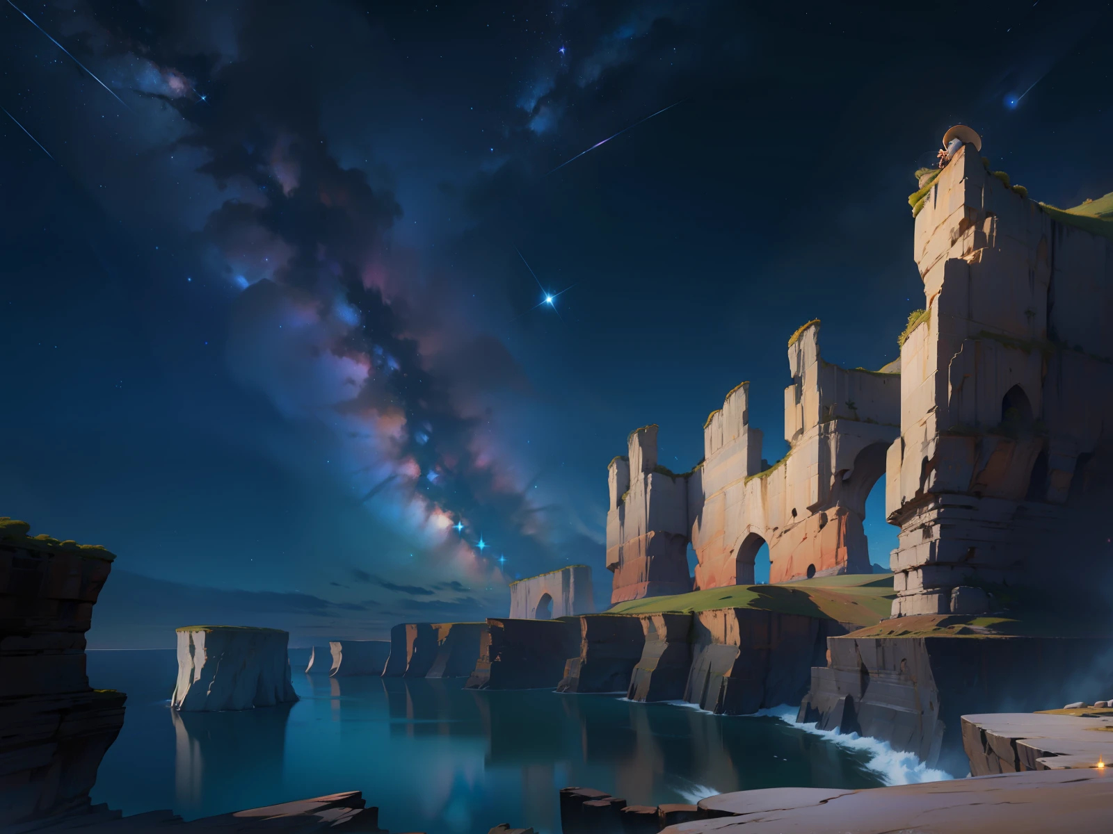 Cliffs, starry sky,