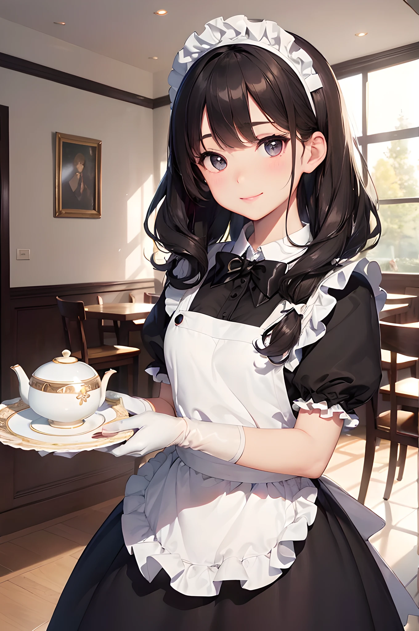 (masterpiece), (portrait), (aesthetic), (beautiful), (upper blody), (high quality), (aesthetic clothings), (professional angle), (rule of thirds), (Feminine), (woman), (female), (beautiful),(feminine features), (25 years), solo, 1 woman, (attractive Japanese), Summer, Soft light, ((Serving a Cup of Tea)), (Elegant), Natural Makeup, (Average bust), ((Tray with Tea Cups)), (Front face), (Pleasantly Smiling expression), ((Polite and Welcoming)), (Headband and Ribbon and Bow Tie and Lace Gloves), ((Medium hair)), (Black hair), (Wavy hair), (Thick hair), Lustrous shine hair, (Hairpin and Bow Tie in Hair in hair), (Brown eyes), (Friendly and Graceful look), (Fair skin), (Soft Colors clothing), (Maid Dress), (Apron), (Frilly Skirt or Dress), Peter Pan Collar neckline), ((Café Interior background)), (Medium Shot Shot), beautiful hands, two hands, normal hands, two arms, complete hands, beautiful body, beautiful fingers, normal fingers, five fingers, five fingers, (Thumb index meddle ring little fingers), beautiful ears, normal ears, beautiful eyes, shiny eyes, beautiful mouth, beautiful lips,