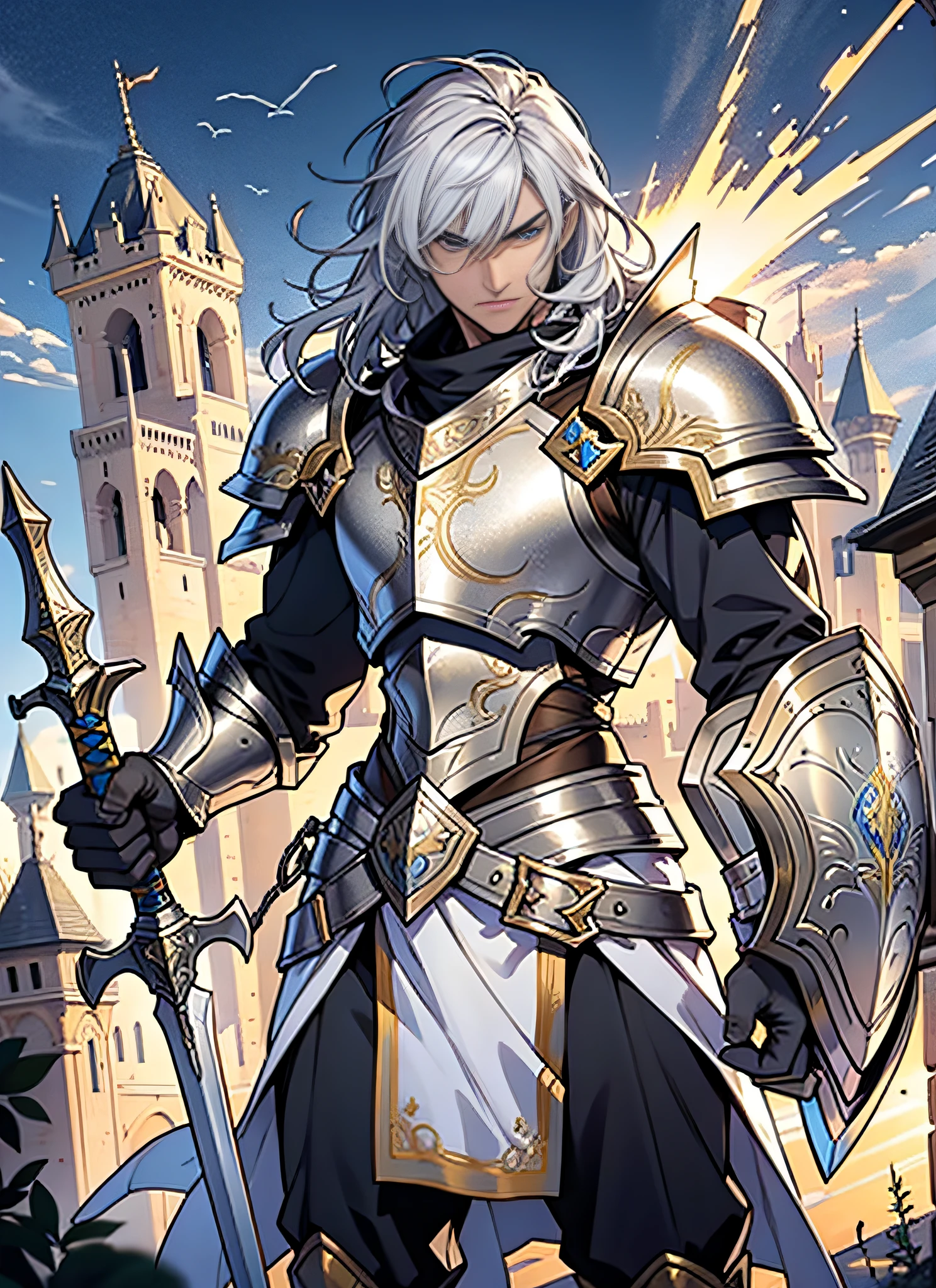 older male sun paladin wearing silvery armor and wielding a sword and shield atop a castle rampart