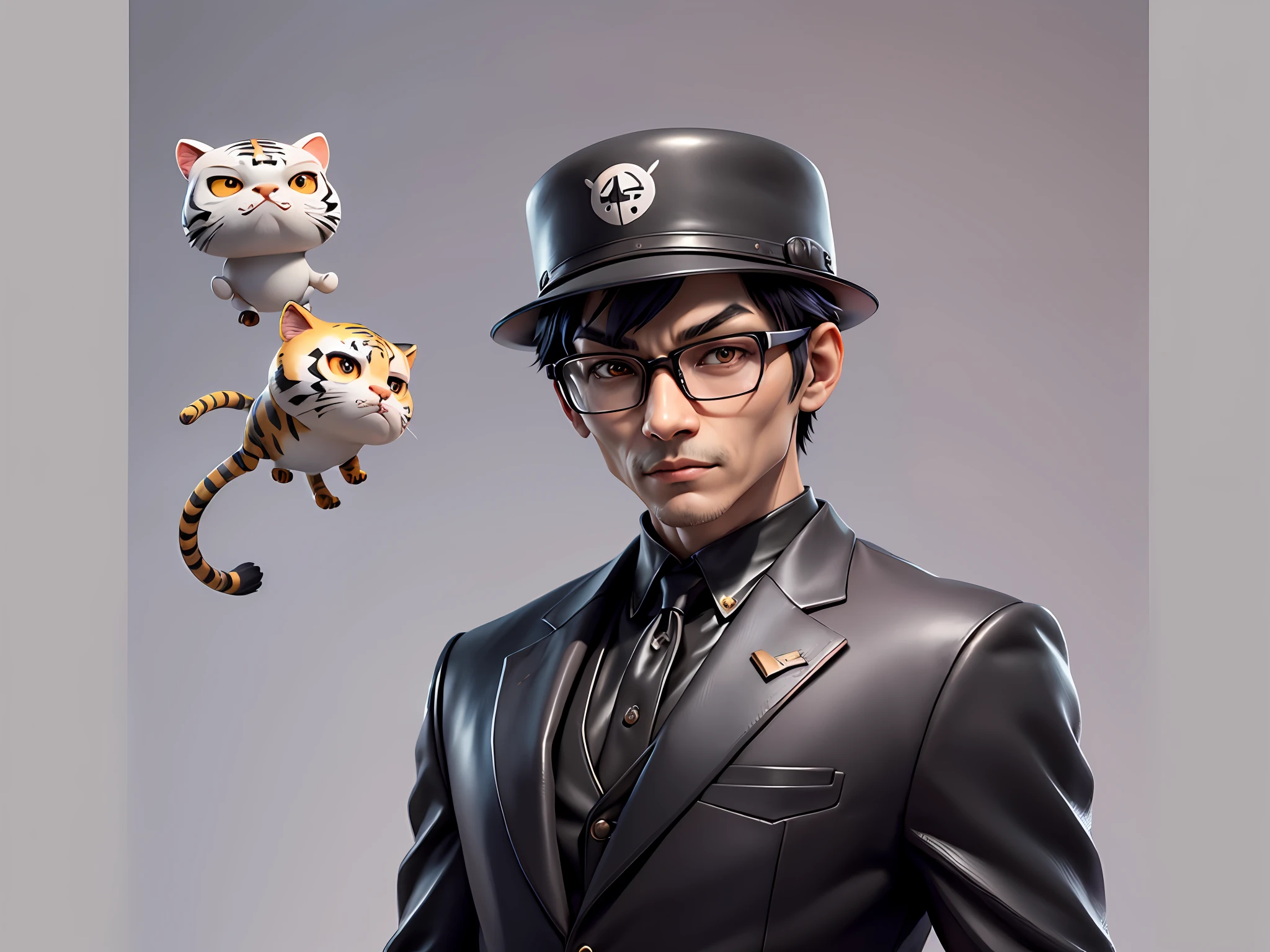 Young man with oriental face in leather hat, tiger, oriental face in formal suit, short black hair, silver glasses, digital painting, 3D character design by Mark Clairedon and Pixar and Hayao Miyazaki and Akira Toriyama, the illustration is a high-definition illustration in 4K resolution with very detailed facial features and cartoon-style visuals.