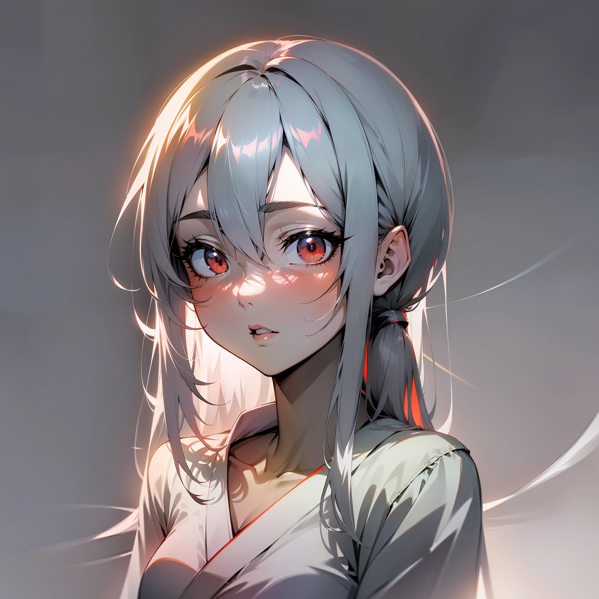 (Japanese anime, slender, glossy, light and shadow, shadow, tsundere style), best image quality, silver hairstyle, red eyes, white shirt, monochrome background.