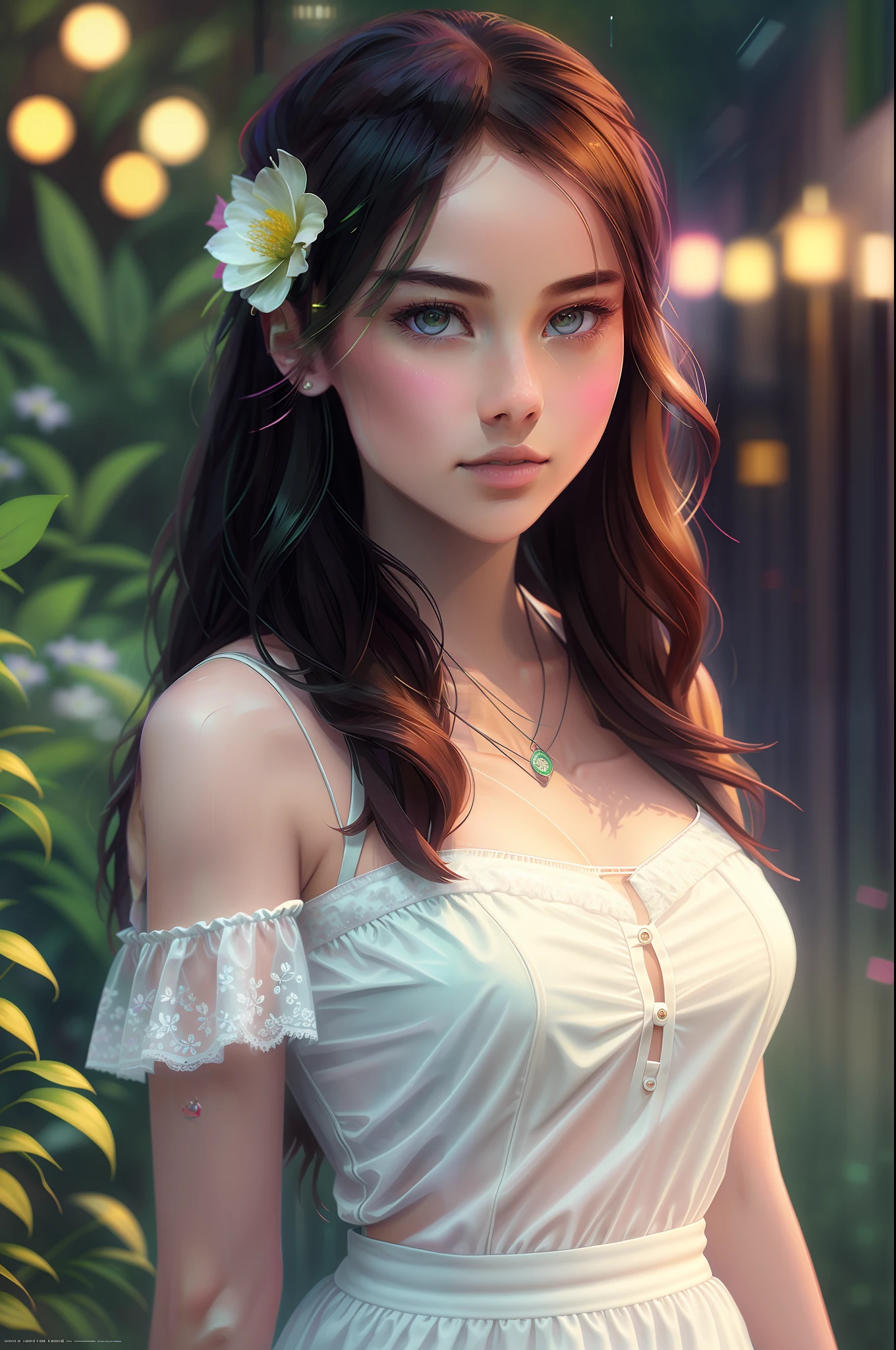 Casual pose,
(extremely delicate and beautiful
work), (masterpiece), 1girl, girl in
white skirt, high details, leaky waist,
twisted ponytail, charming
expression, clear and beautiful eyes,
green pupils, delicate necklace,
delicate ears Decoration, fairy ears,
simple blurred background, extremely
detailed description, beautiful and
charming, ultra-fine painting,
exquisite face, exquisite figure,
exquisite collarbone, cute lips, bikini,
beautiful breasts, soft back, mix4,
(8k, RAW photo, best quality,
masterpiece:1.2), (fidelity, fidelity:
1.37),1girl,cute,cityscape, night, rain,
wet, professional lighting, photon
mapping, radiosity, physically-based
rendering,