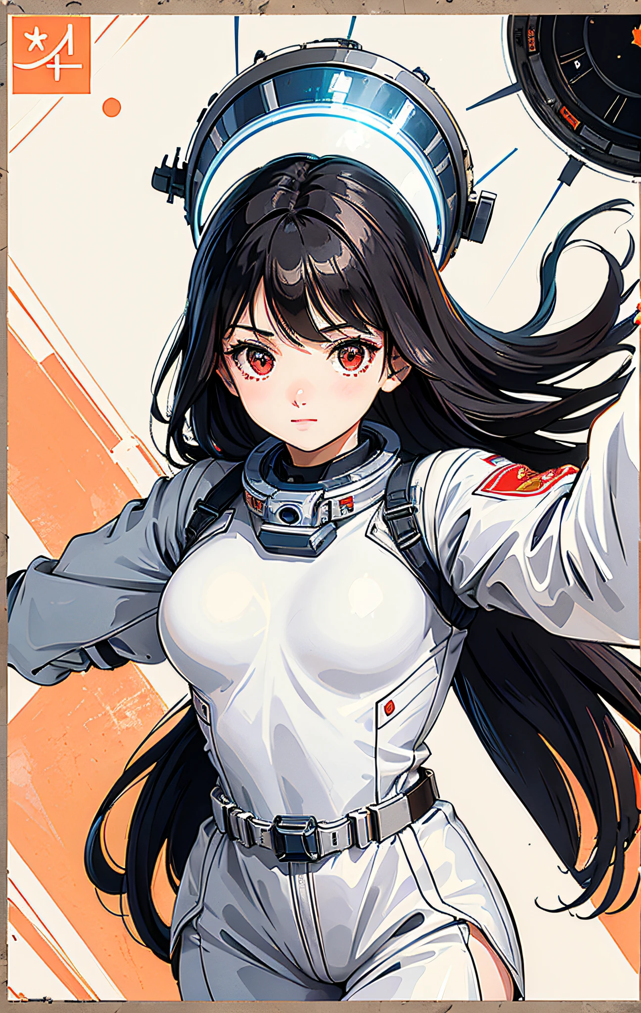 1girl,flat_breasts,cute,beautiful detailed eyes,shiny hair,visible through hair,hairs between eyes, CCCPposter, sovietposter,red monochrome,soviet poster, soviet,communism,
Black_hair,red_eyes,vampire,age,poorbreast,Spacesuit:Orange_clothing_body:jumpsuit),white_gloves, white_space shoes, white_helmet, the CCCP red letters on the top of helmet, weightlessness, Side light, reflection, The person in the spacesuit is at the bottom left of the frame, The right hand is outstretched, the right hand gently touches the Salyut space station), Space station in the upper right corner of the screen, Reflected light from the sun, Silver metal,red flag, brilliance,USSR style, diffuse reflection, Metallic texture, The vista is a blue Earth,mecha style,the sea of star,high tone, magnificent