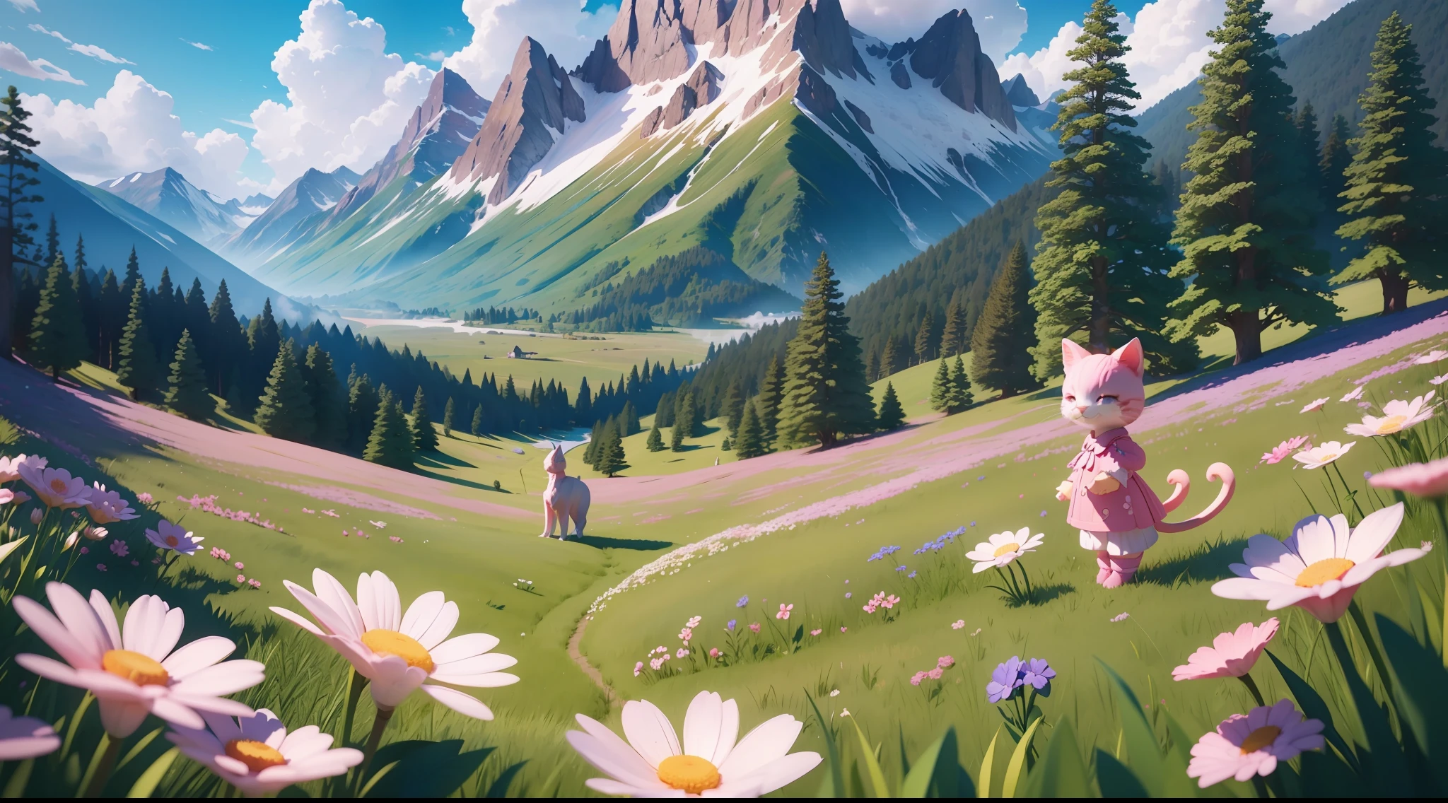 Blue sky, white clouds, mountains and forests in the distance, colorful flowers, butterflies, 1 pink kitten on the grass, anthropomorphic, smile, very detailed, best quality, 4K, cinematic lighting, first-person perspective