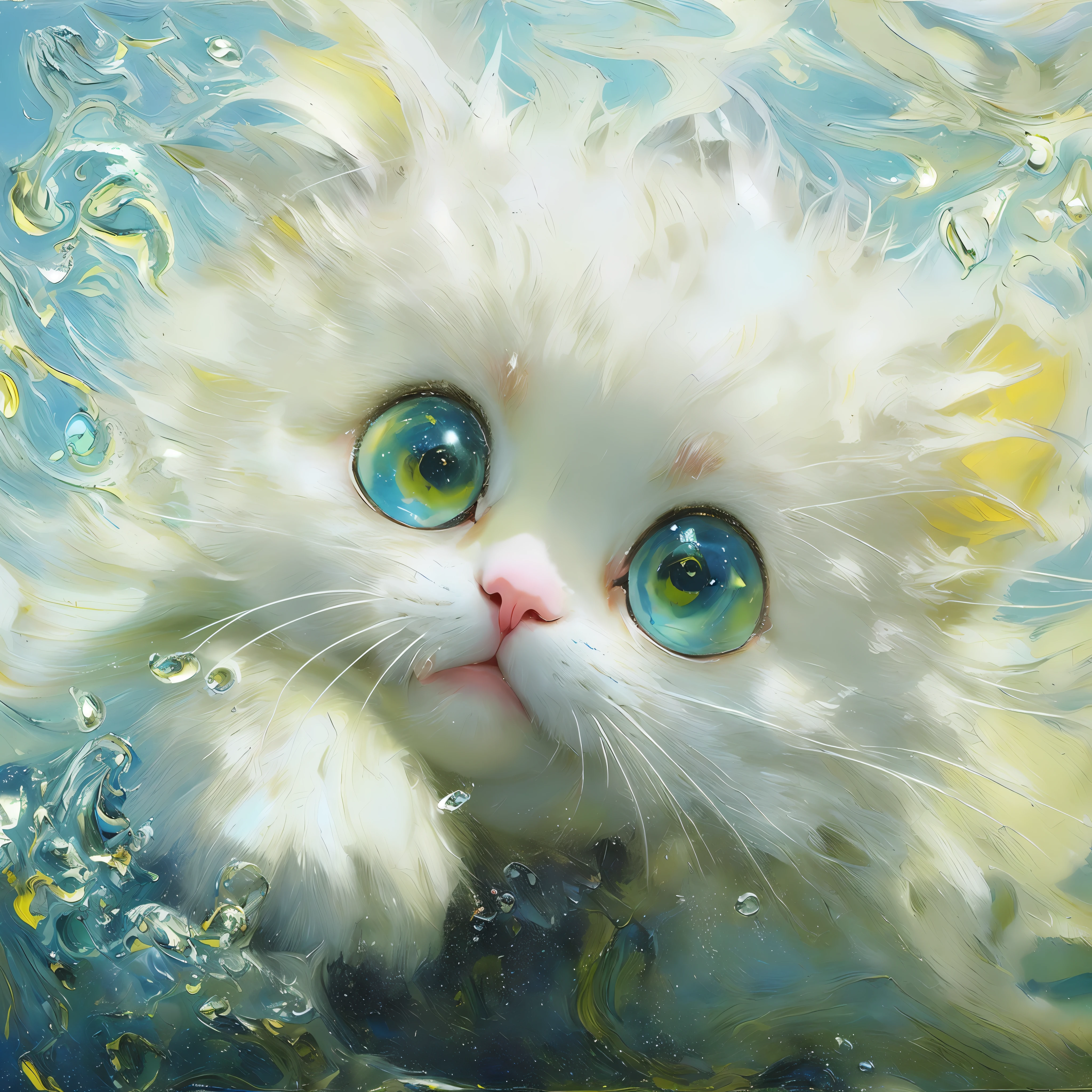 A little white kitten swimming underwater, eyebrows, smile, fantasy in Katsuhiro Otomo style, in realistic hyper-detail rendering style, glow, yellow blue, ultra-realistic oil painting, head close-up, exaggerated perspective, Tyndall effect water drops, pearlescent mother-color, holographic white, realistic---s400