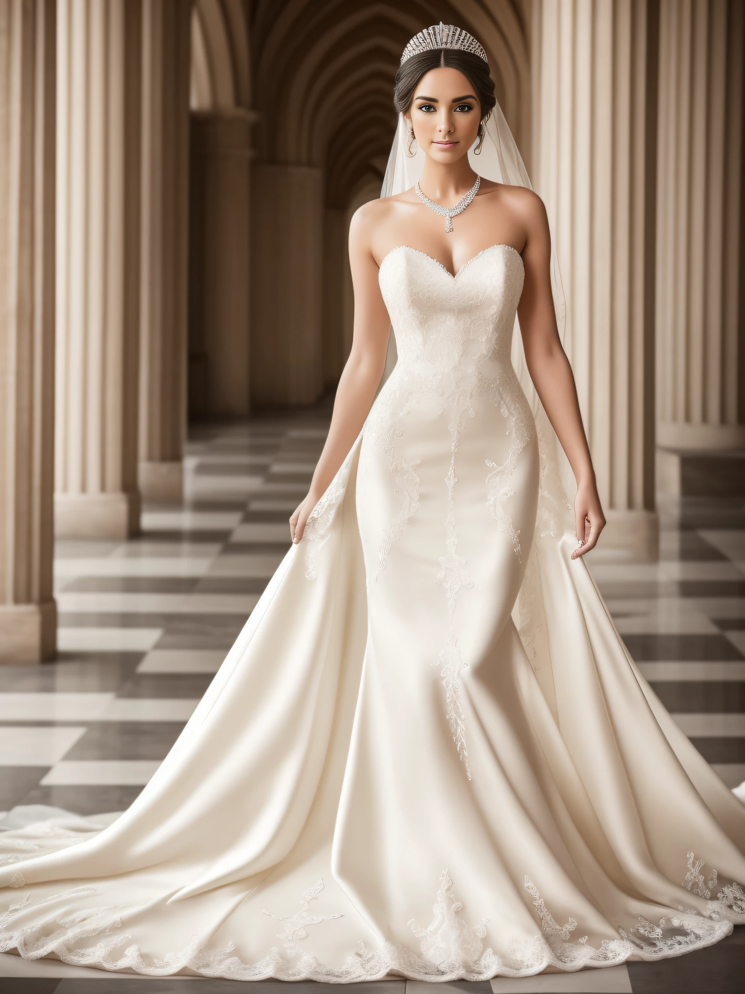 full body, full shot, in detail and in detail an extremely beautiful slender sexy bride in a cream wedding dress with intricate lace patterns and a beautiful long veil with intricate patterns stands in partial shade among the columns of a beautiful building. on the face and body, the bride holds the wedding dress with her hands, the pose is beautiful sexy C-shaped stilettos of cream color with intricate patterns, the bride's face is European, perfectly beautiful proportions are neat facial features, the eyes are bright green-blue eyelashes are long and fluffy, the bride's physique is slender and graceful, her legs are graceful and longer than the body in proportion, graceful hands in precious jewelry, on the head of the bride there is a wedding tiara with beautiful diamonds, natural detailed skin, pore skin, skin natural shine, skin color is perfect, cheeks are slightly ruddy, wavy long blond hair to the knees is beautifully flowing in detail and in detail , lighting side daylight soft, hyper detail, sharp focus, photorealism, naturalistic, Jerry Gionis style