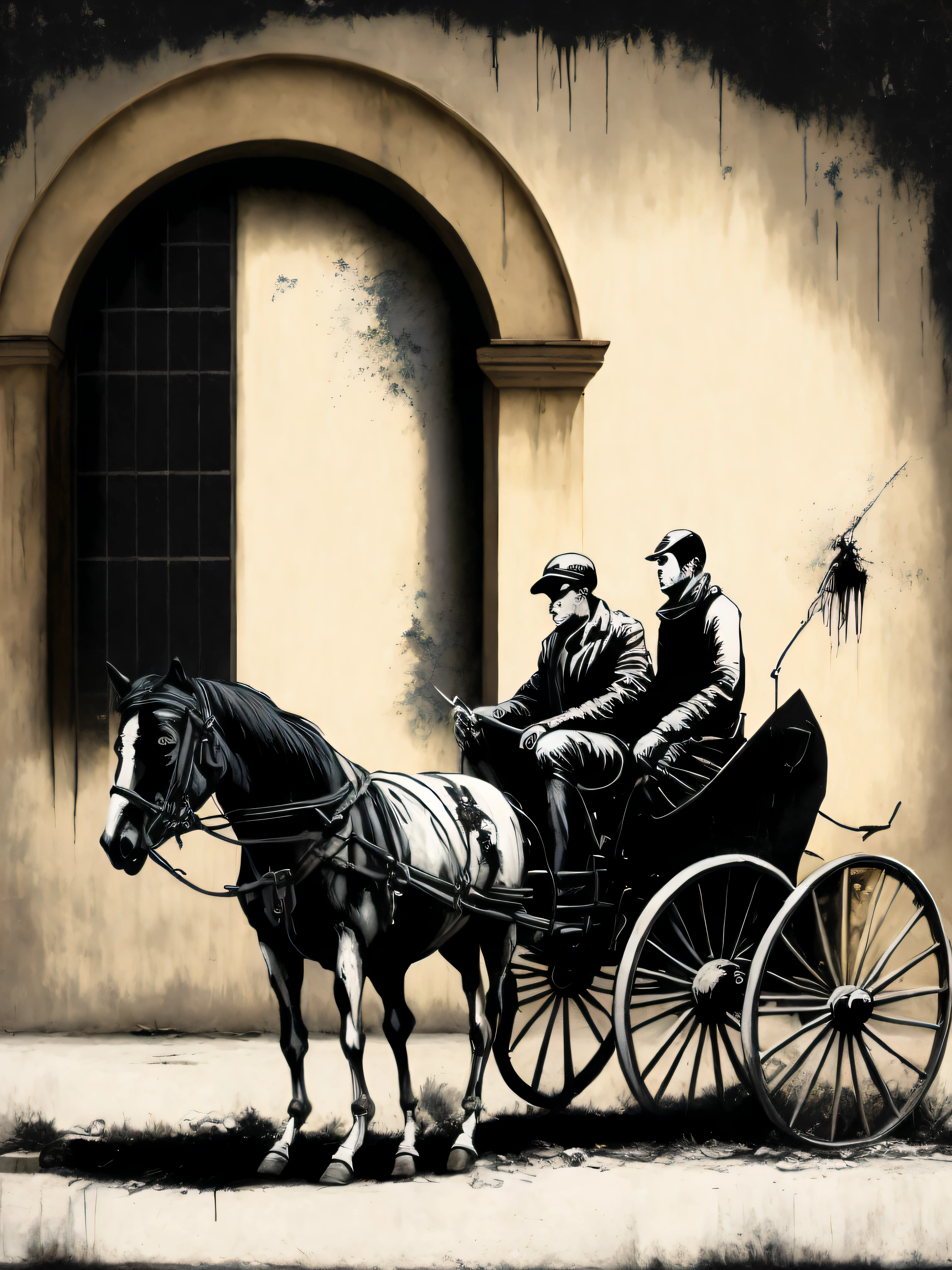 a black and white painting of a man riding a horse drawn carriage next to a building by Banksy