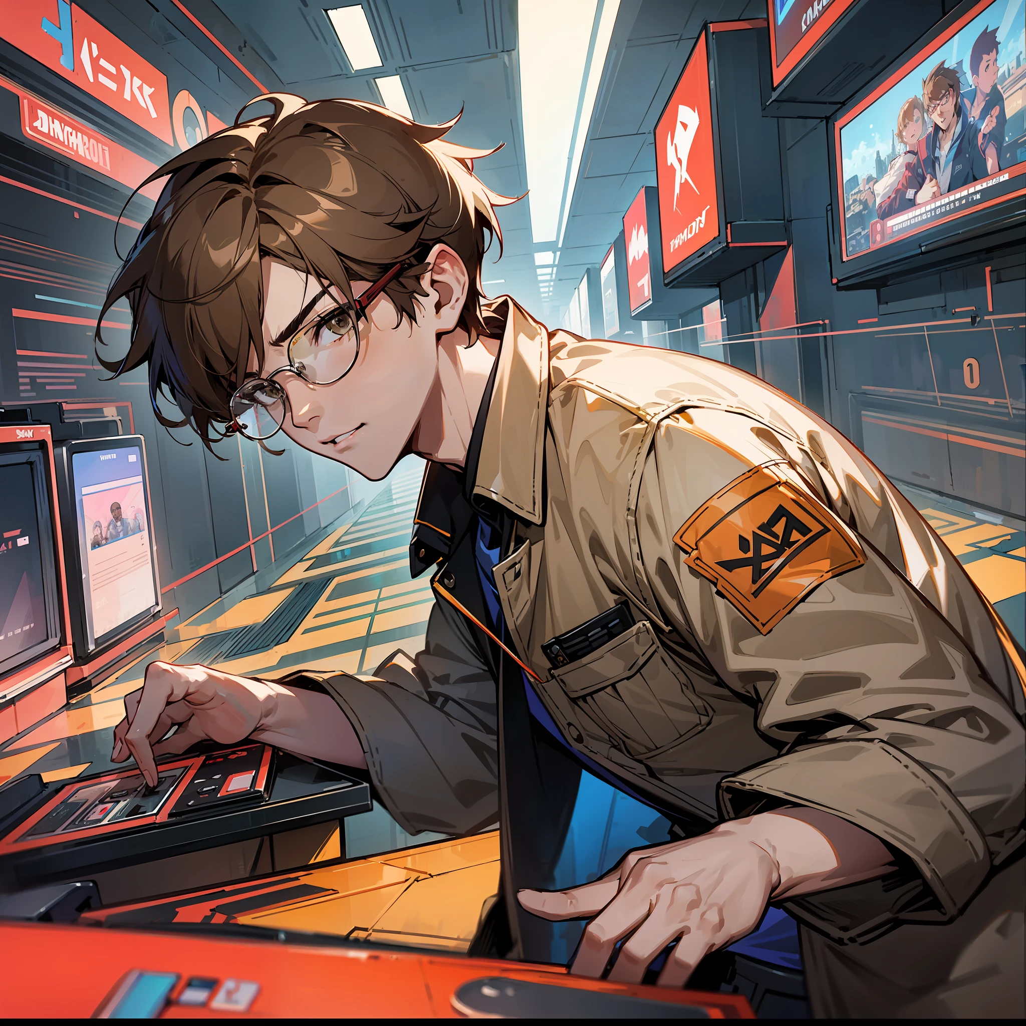 Male 40s, 1 person, arcade controller, short hair, light brown hair, glasses, dim landscape, thin, game commentary, youtube streaming, fighting game, playing games, 4K anime, cyberpunk style, muddy, work clothes
