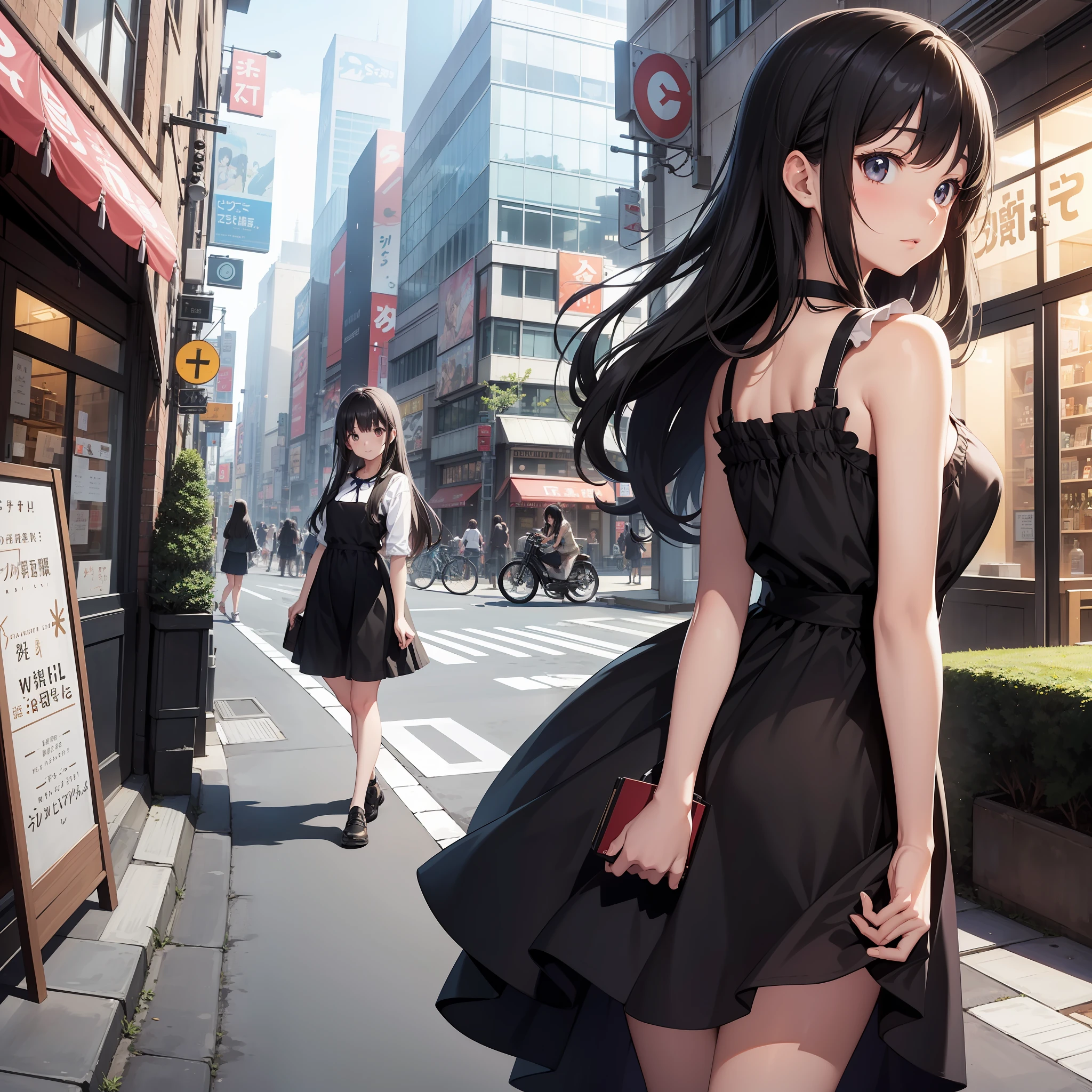 Best image quality 1 girl Original character, volume lighting, black hair snappy long hair, urban café, summer dress, background painting Ghibli style, future Shibuya